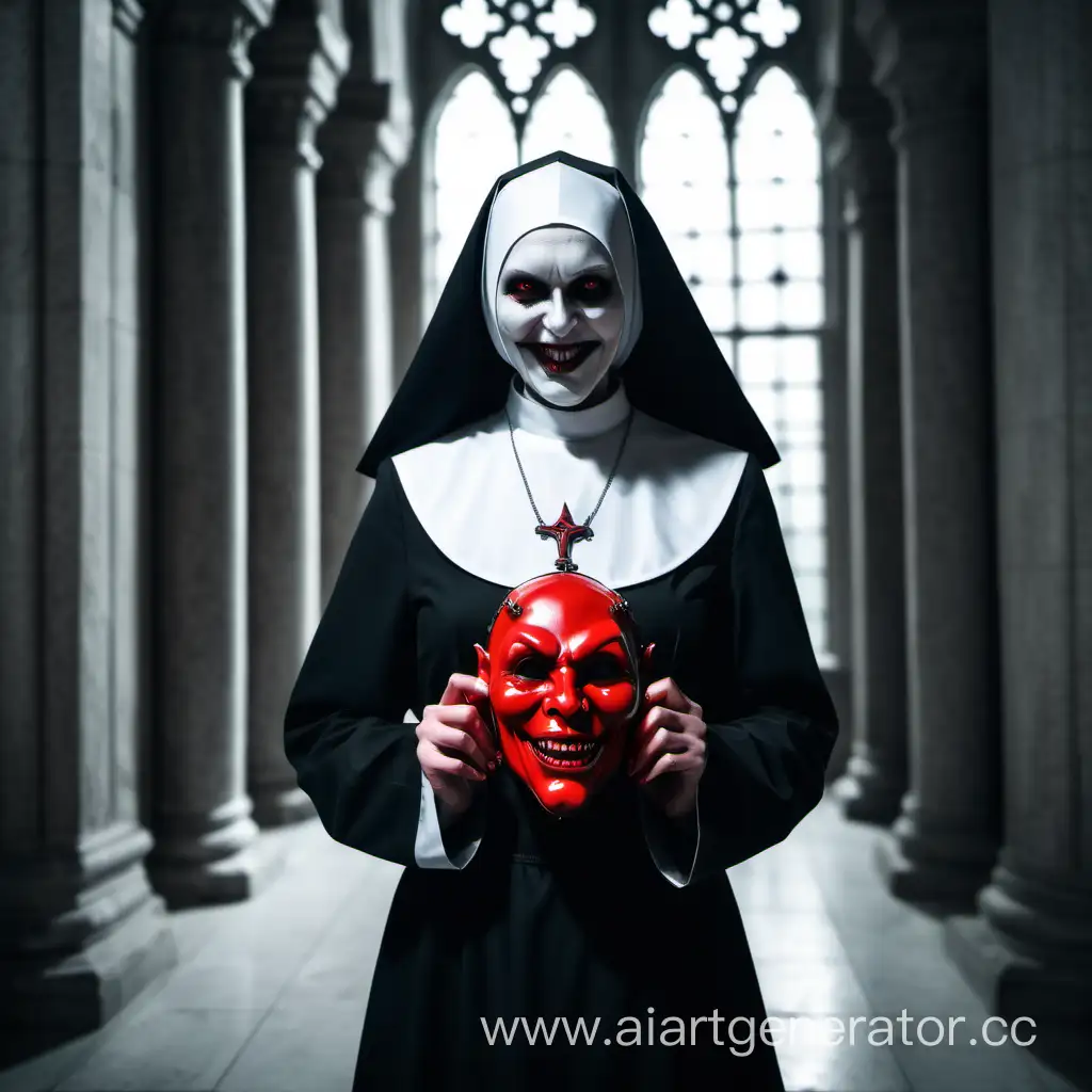 Gothic-Nun-in-White-Attire-Holding-Red-Devil-Mask-in-Ominous-Smile