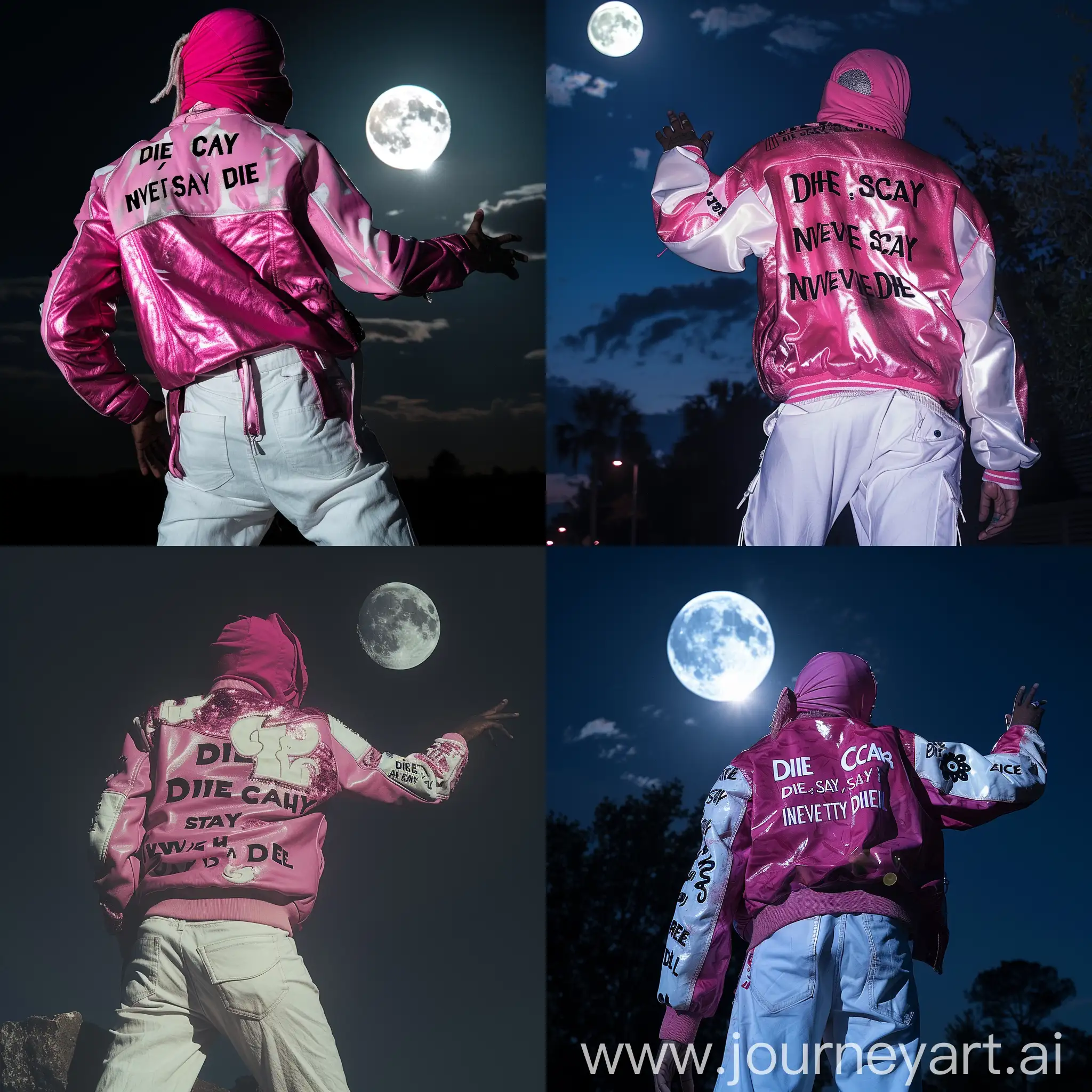 Tall-Figure-in-Pink-Balaclava-Reaching-for-Moon-in-Leather-Jacket-at-Night