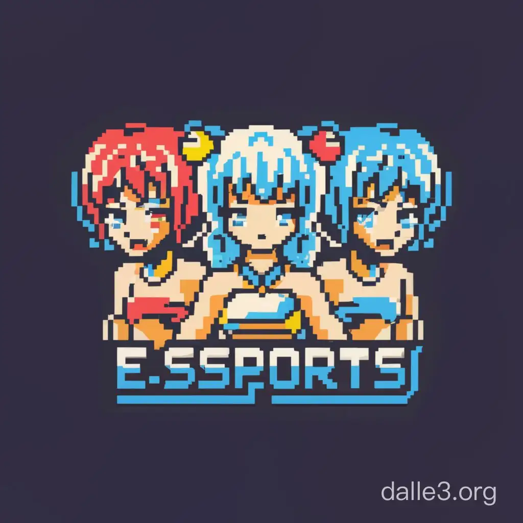 Logo Emblem E-sports Pixel Art three cute girls with blue hair