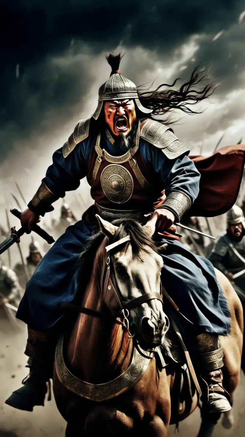 Genghis Khan is angry and he is on the battlefield. Let the background of the picture be a little dark

