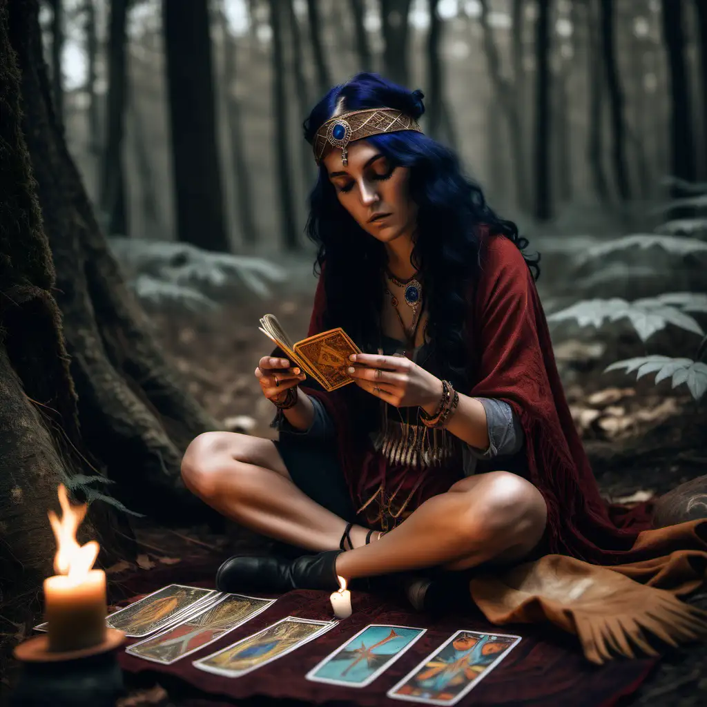 a gypsy reading ancient  tarot cards while she is sitting on a deerskin on the ground in the  ancient forest 