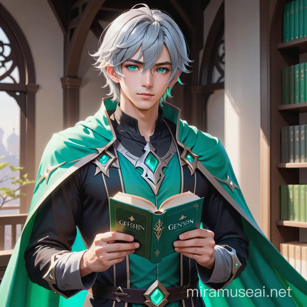 Alhaitham from Genshin Impact as a 25 year old man, medium length silver hair with teal highlights, bangs, teal eyes, no earphones, clean shaven, black clothes with green cape accurate to Genshin Impact, holding book and looking sidelong at viewer
