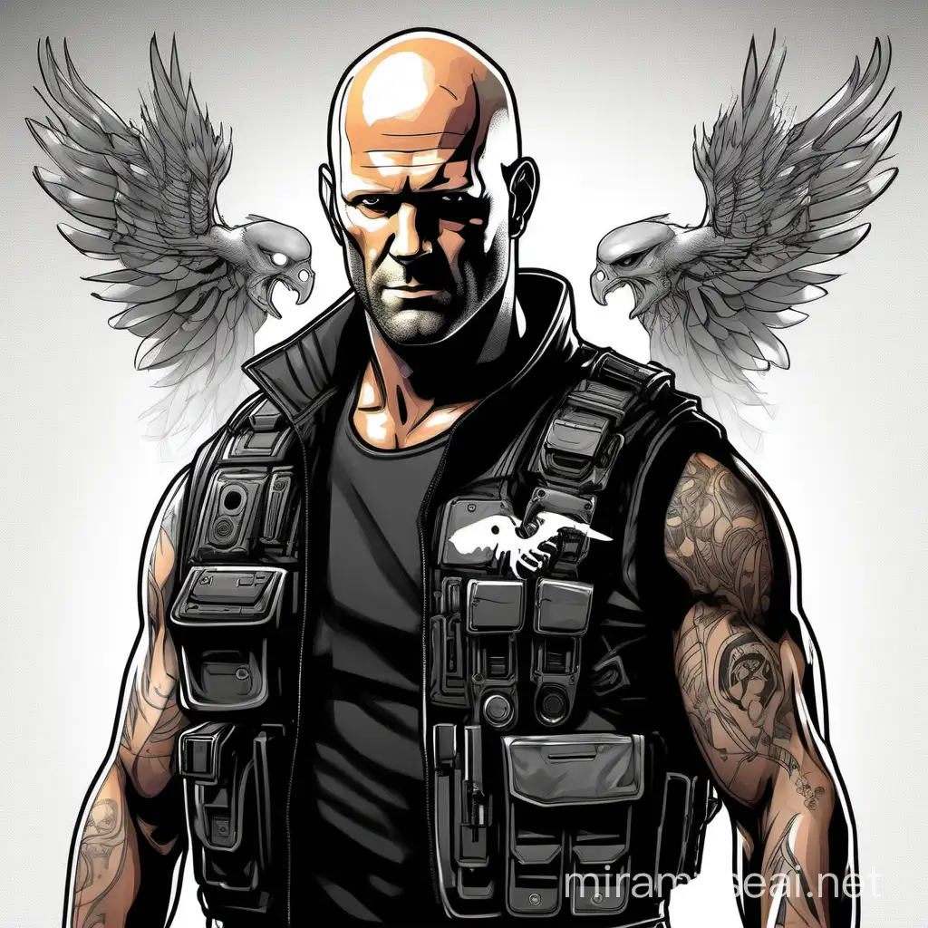 Cyberpunk Character Jason Statham Lookalike with Robotic Arms and Phoenix Tattoo