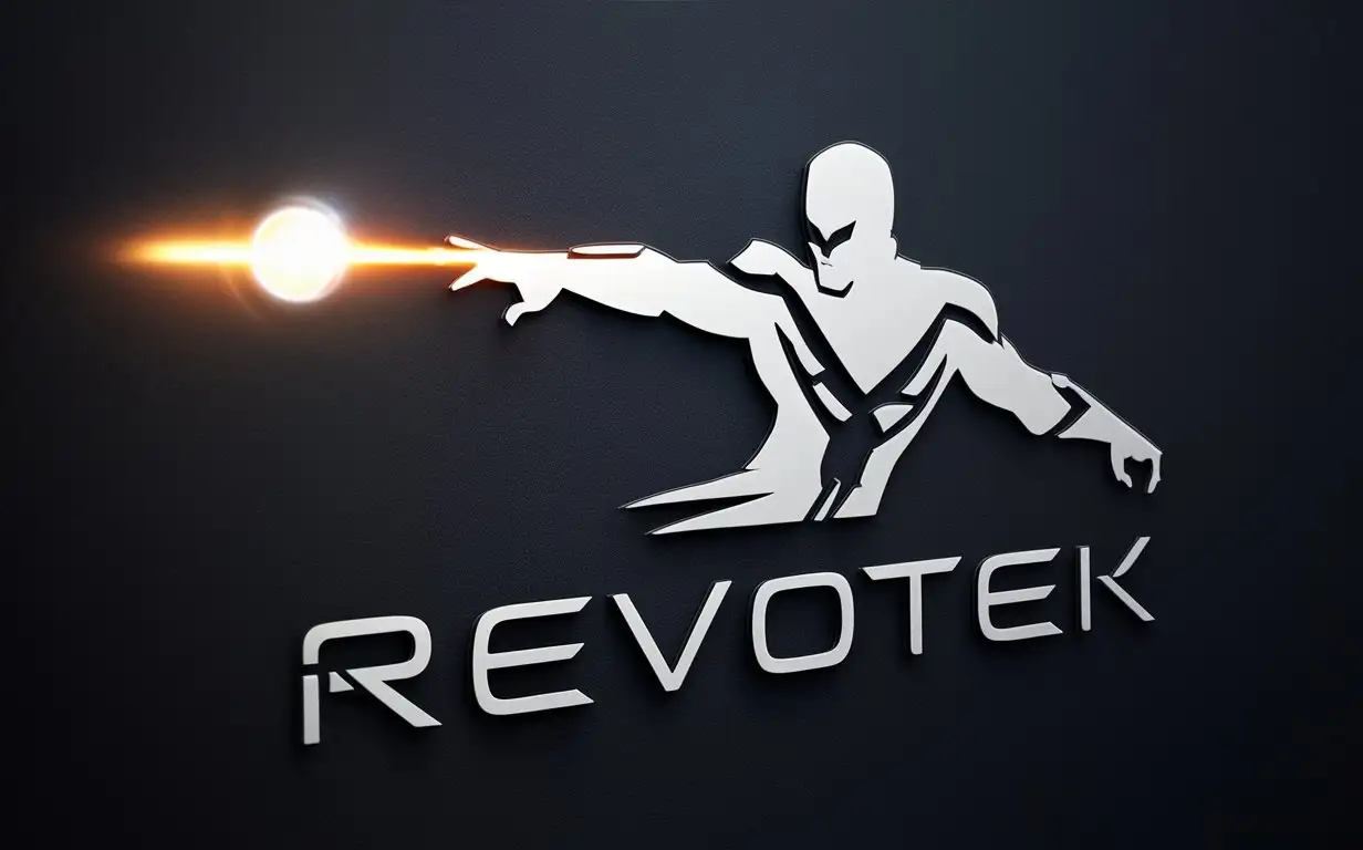 Dynamic Superhero Logo Revotek Brand Emblem with Laser Beam Silhouette