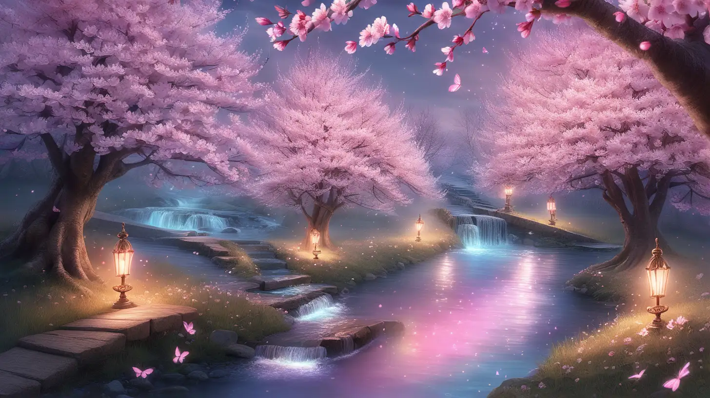 Enchanted Cherry Blossoms Illuminated by a Stream