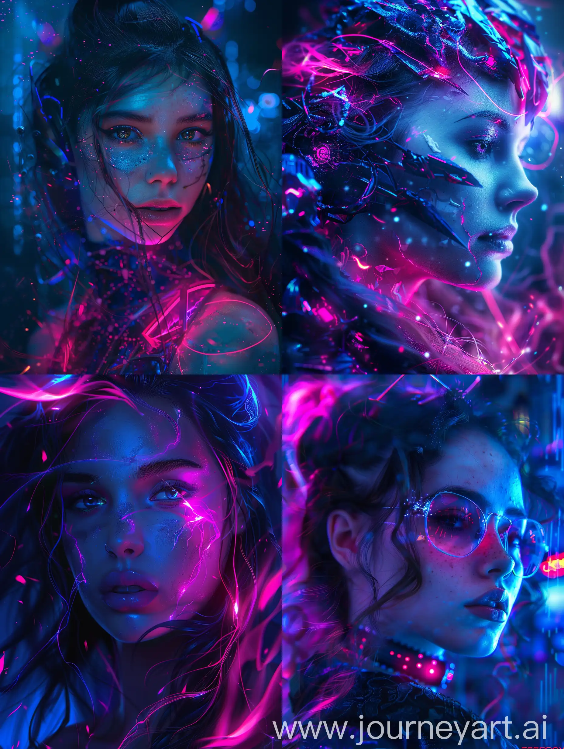 Princess, darkness, potrait,  with subtle pink and blue gradients, realistic, 1girl, beautiful, high detail, attractive, fit, pretty face, cyberpunk fantasy, futuristic fairy psychedelic tale, robotic lasers fairy dancing rave in an neon incandescent flame, moonlight enveloping attire tech-punk mech-punk cityscape