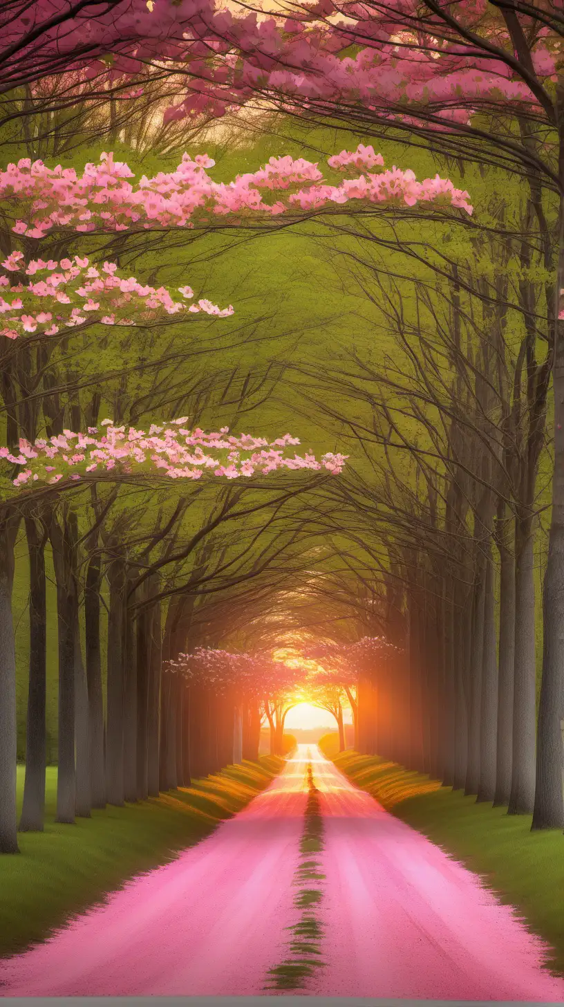 tree lined dirt road with Pink  Dogwood trees lining the road.  the trees canopy over the road with a sunset in the distant background.  green grass and white azaleas bushes surrounds the pink dogwoods.