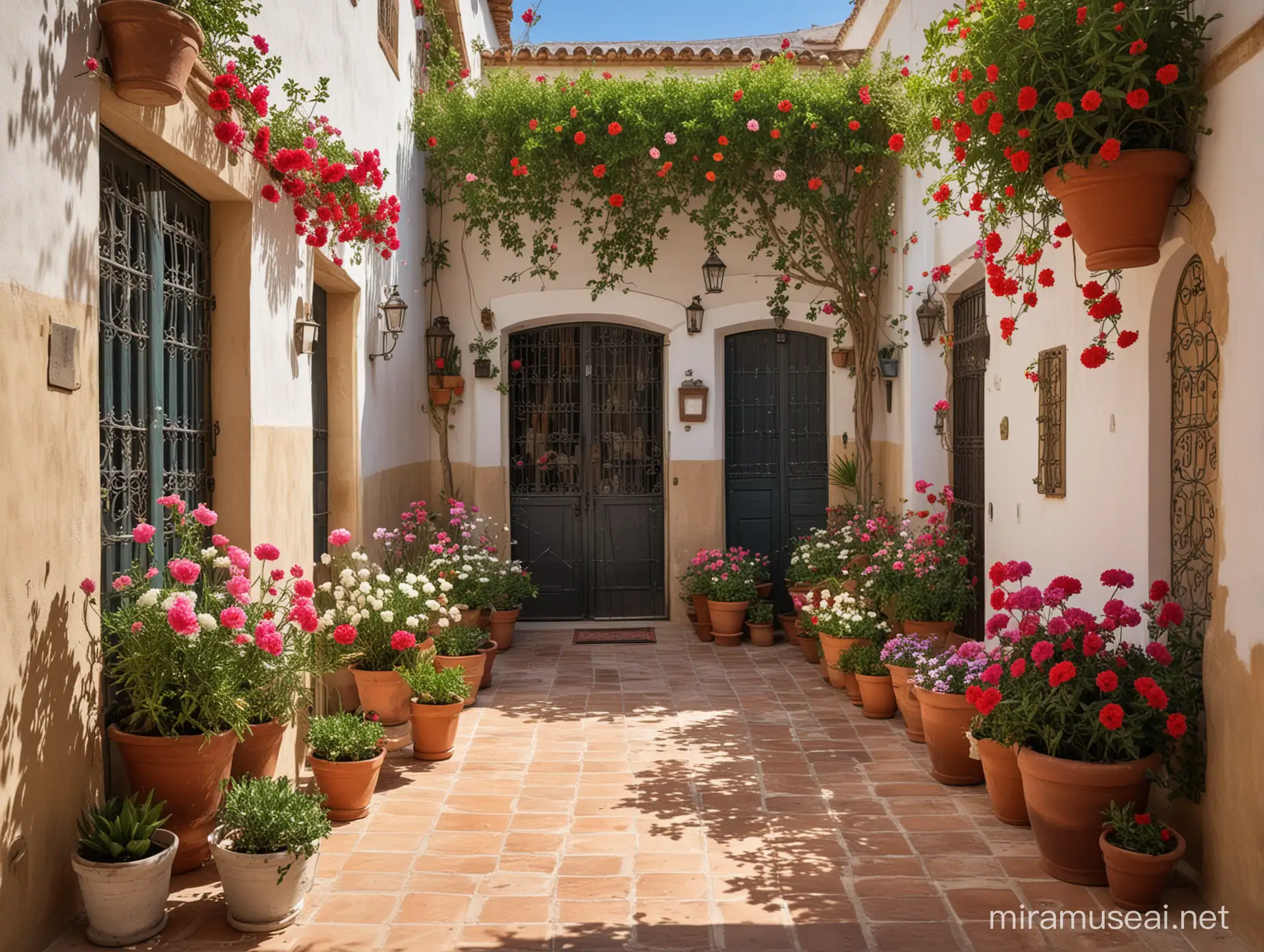 Maravilloso patio andaluz lleno de macetas con flores,  jazmines, claveles, rosas,  y un pequeño cactus. 