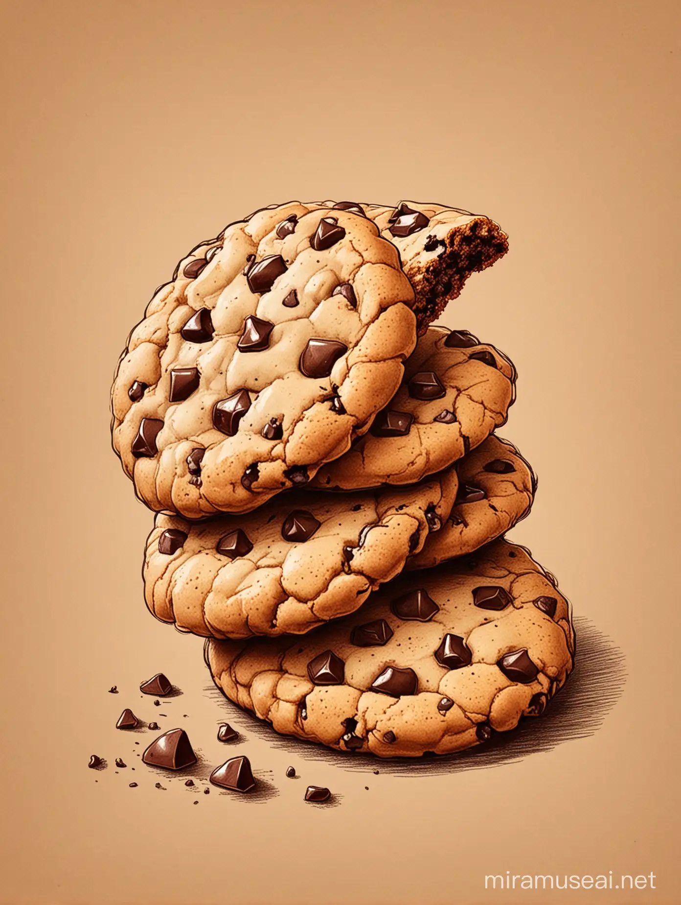 Chocolate Chip Cookies Sketch Delicious Treats on Brown Background