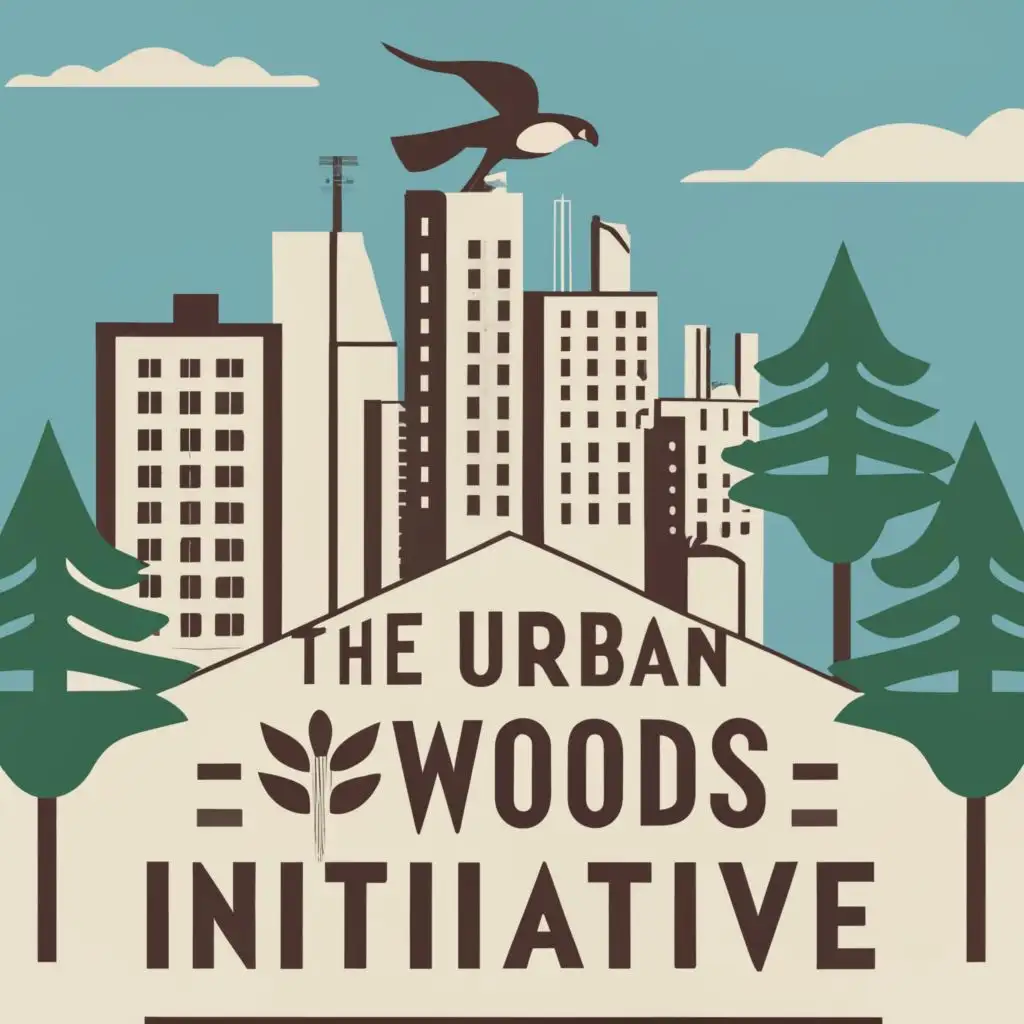 logo, coniferous trees, city skyline, peregrine falcon, with the text "The Urban-Woods Initiative", to be used in Nonprofit industry