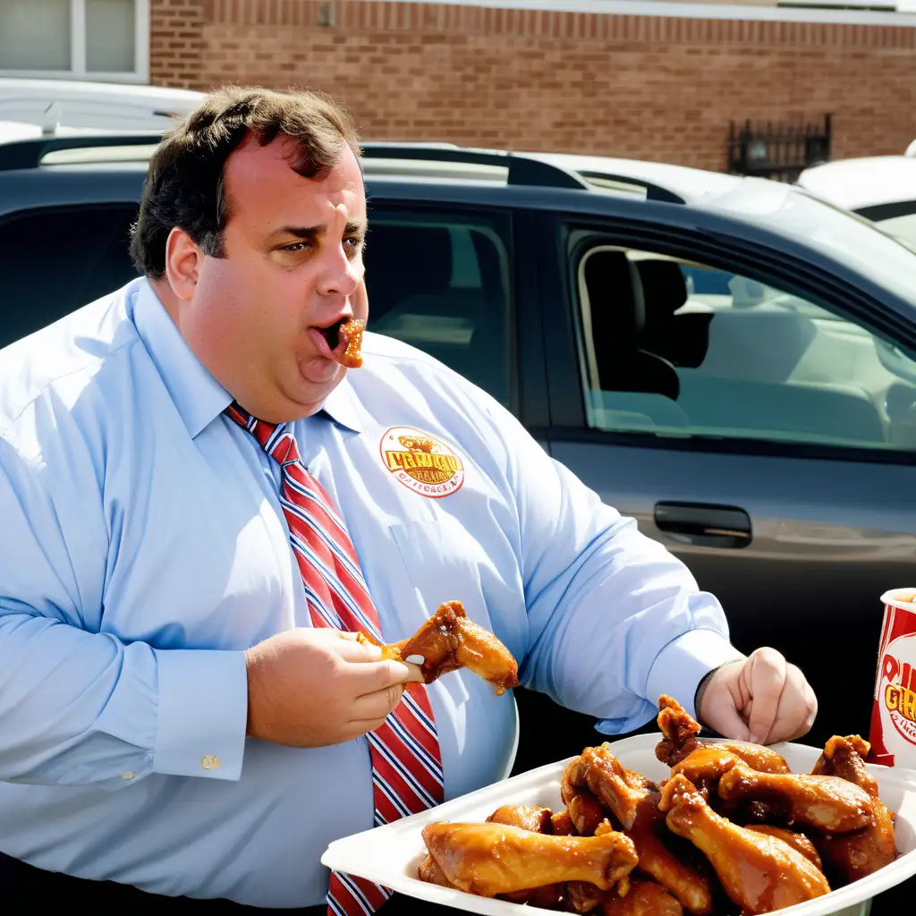 Chris Christie Enjoying Chicken Wings at a Used Car Lot