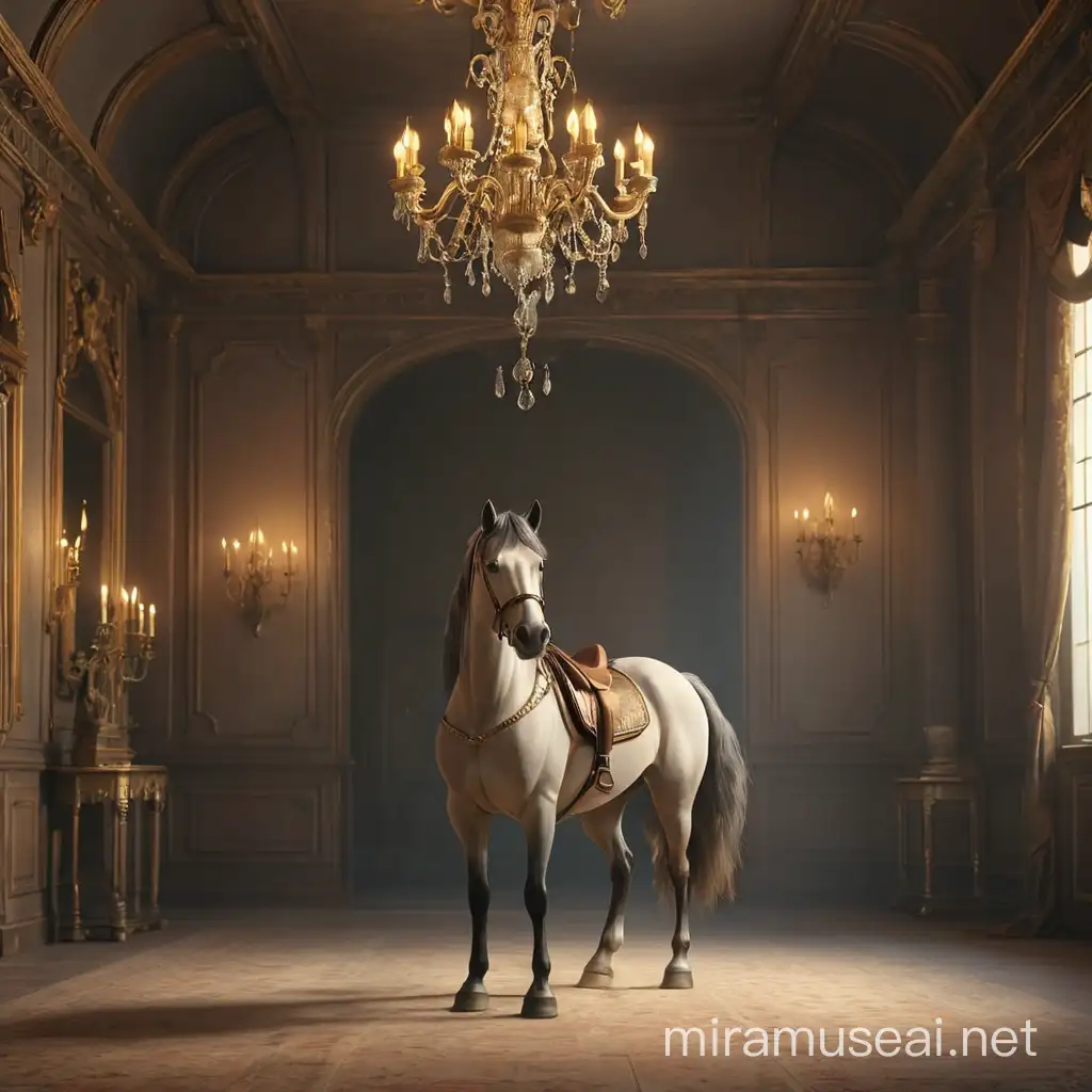 A frightened horse stands in an empty room, with a large antique chandelier with curved elements for lampshades hanging above it. We fully see the horse and the chandelier, in their full height. Realism style, 3d animation.