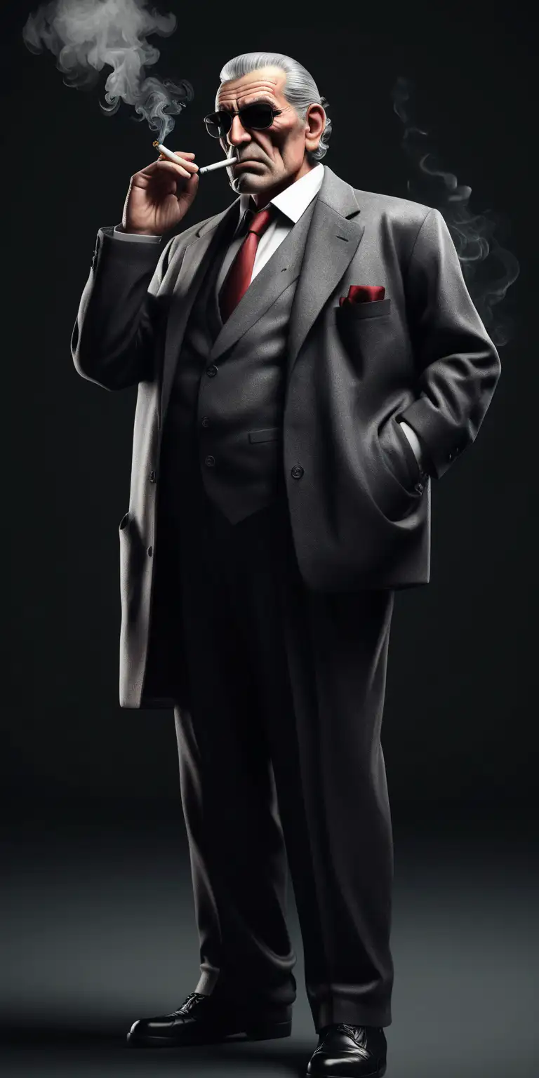 Realistic old Mafia boss stood smoking