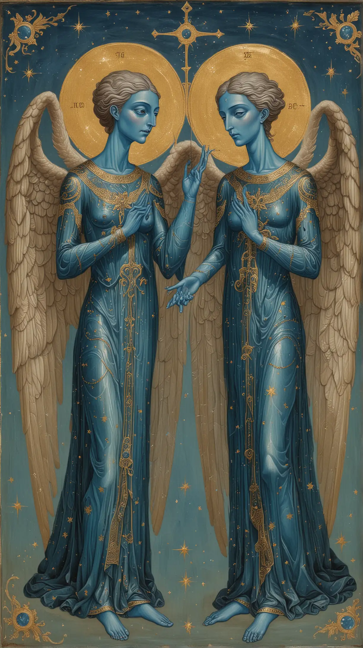 Mysticism, Orthodoxy Icon::3 old icon master tempera painting of two handsom blue skin Aliens as holy androgyne angels:0.22 holy itemss::3