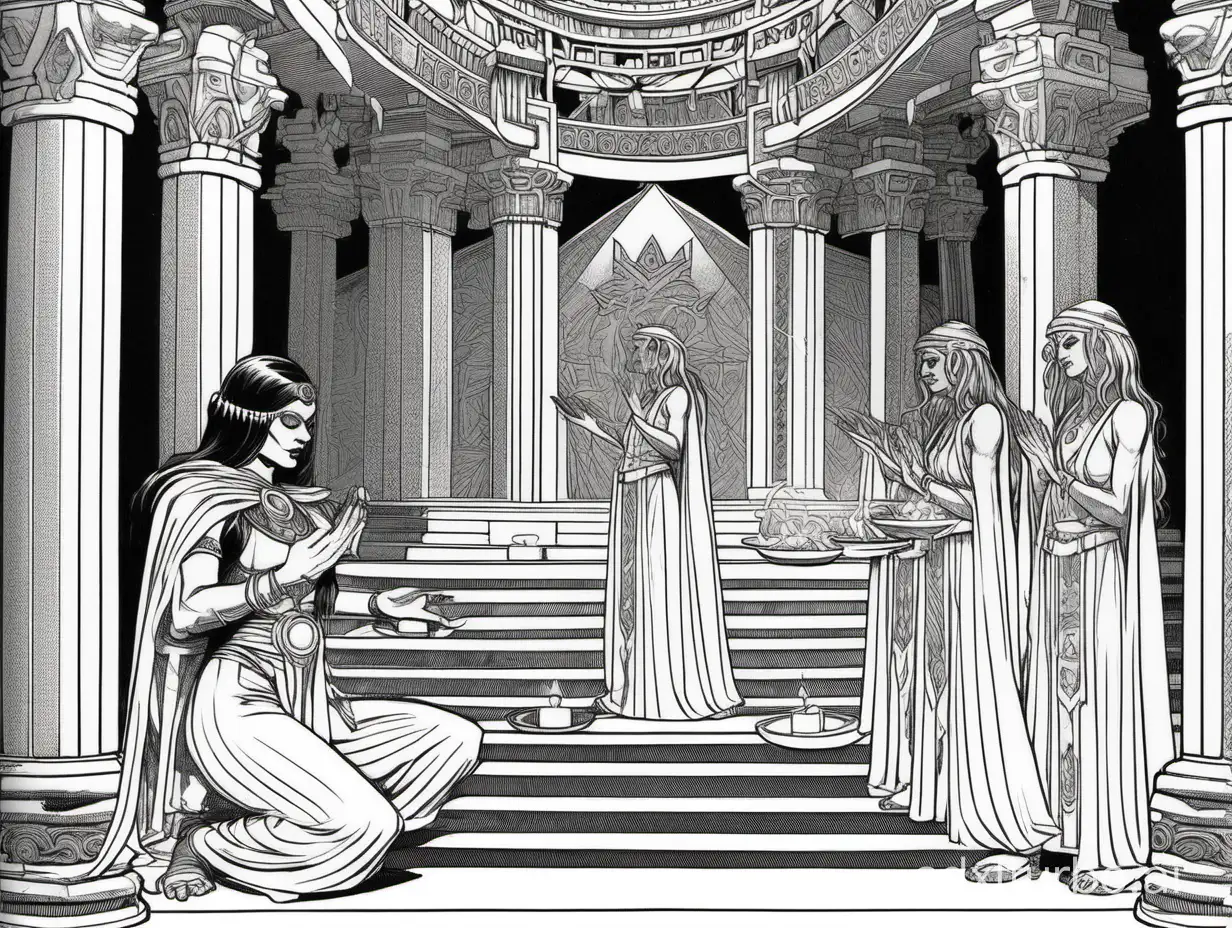 line art of a beautiful priestess performing a ritual, in a temple, by Bill Willingham, style of 1983 AD&D,