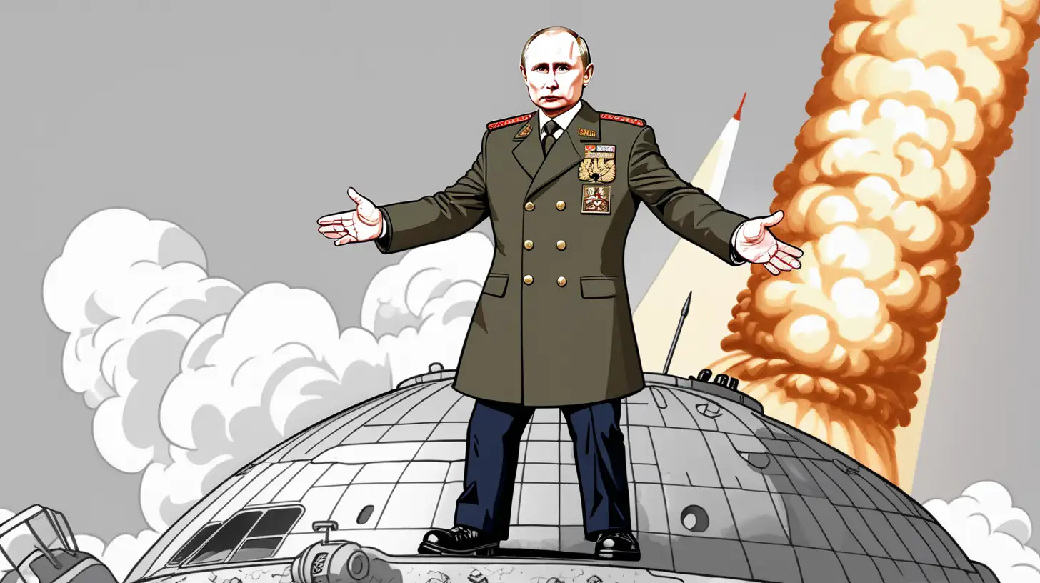 Cartoon Style Putin in Uniform Standing on Top of a Blasted Nuke