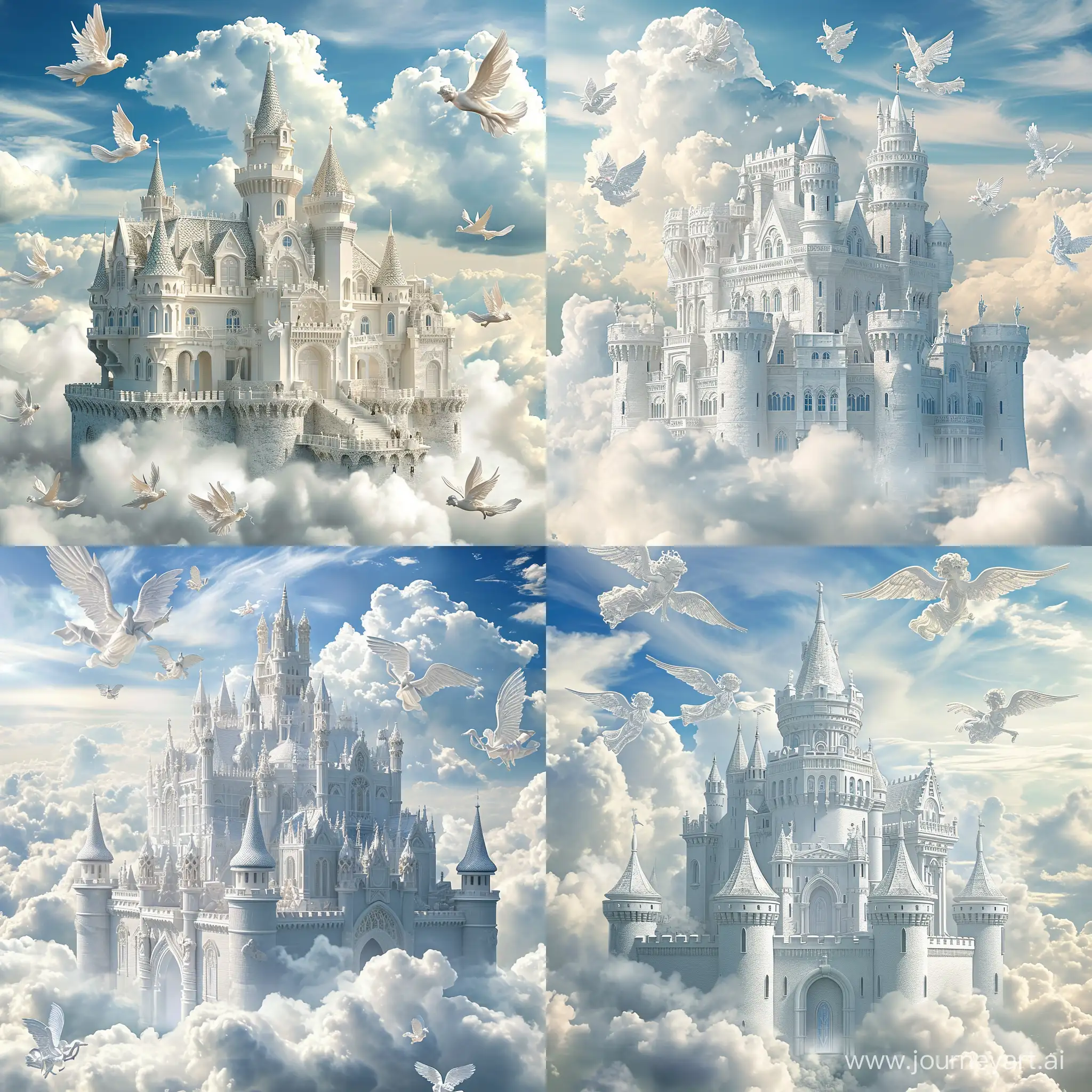 A castle beutiful white castle in the clouds close up with flying angels, angles flying around castle, high detailed, 
