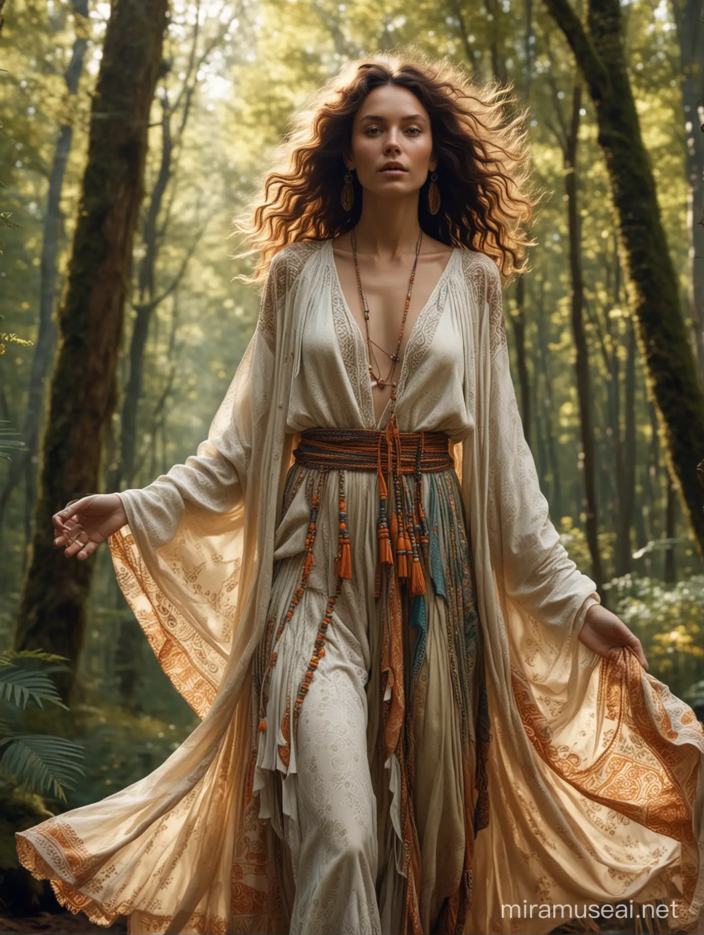 Bring to life an ultra-realistic fashion portrait of a bohemian traveler, adorned in
flowing garments, exploring a serene, sunlit forest during their journey