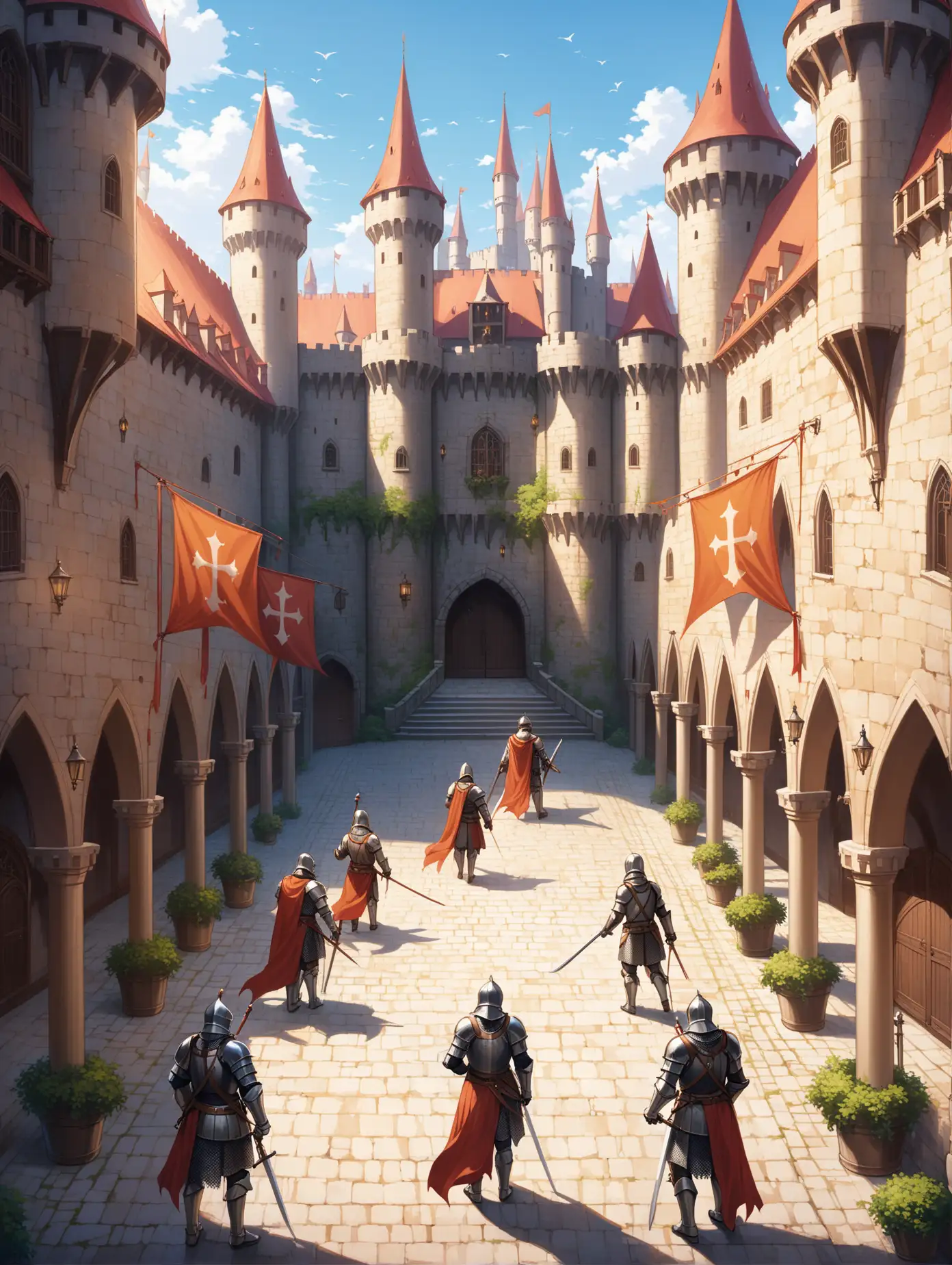 Castle courtyard with knights and banners