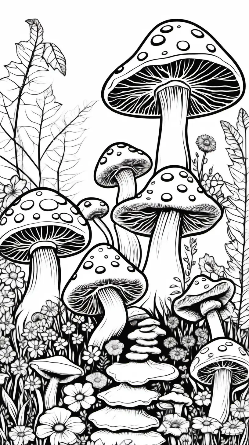 fairy garden with oversized mushrooms and flowers with no colour on a white background with basic outlines