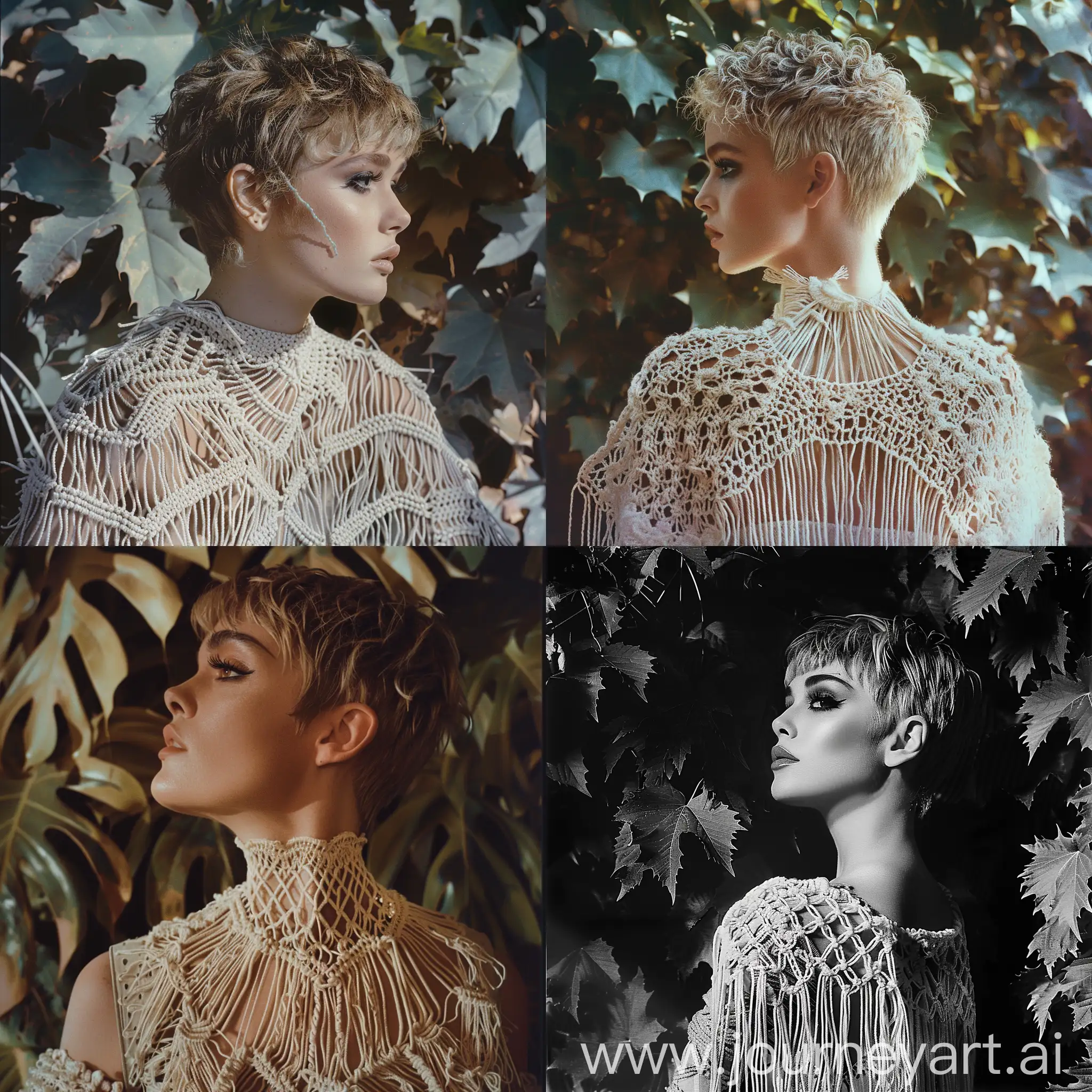 Sabrina-Carpenter-as-Madonna-in-Boho-Chic-Macrame-Top-Against-Monster-Leaves-Background