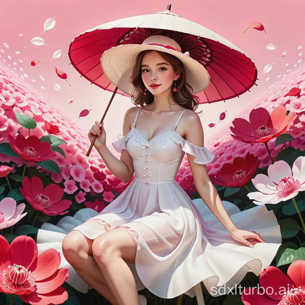 The image depicts a digital illustration of a woman in a white dress and hat, seated on a pink flower with a white center. The flower is surrounded by red petals, creating a vibrant and whimsical scene. The woman is holding a white parasol, and the background is a light pink color.