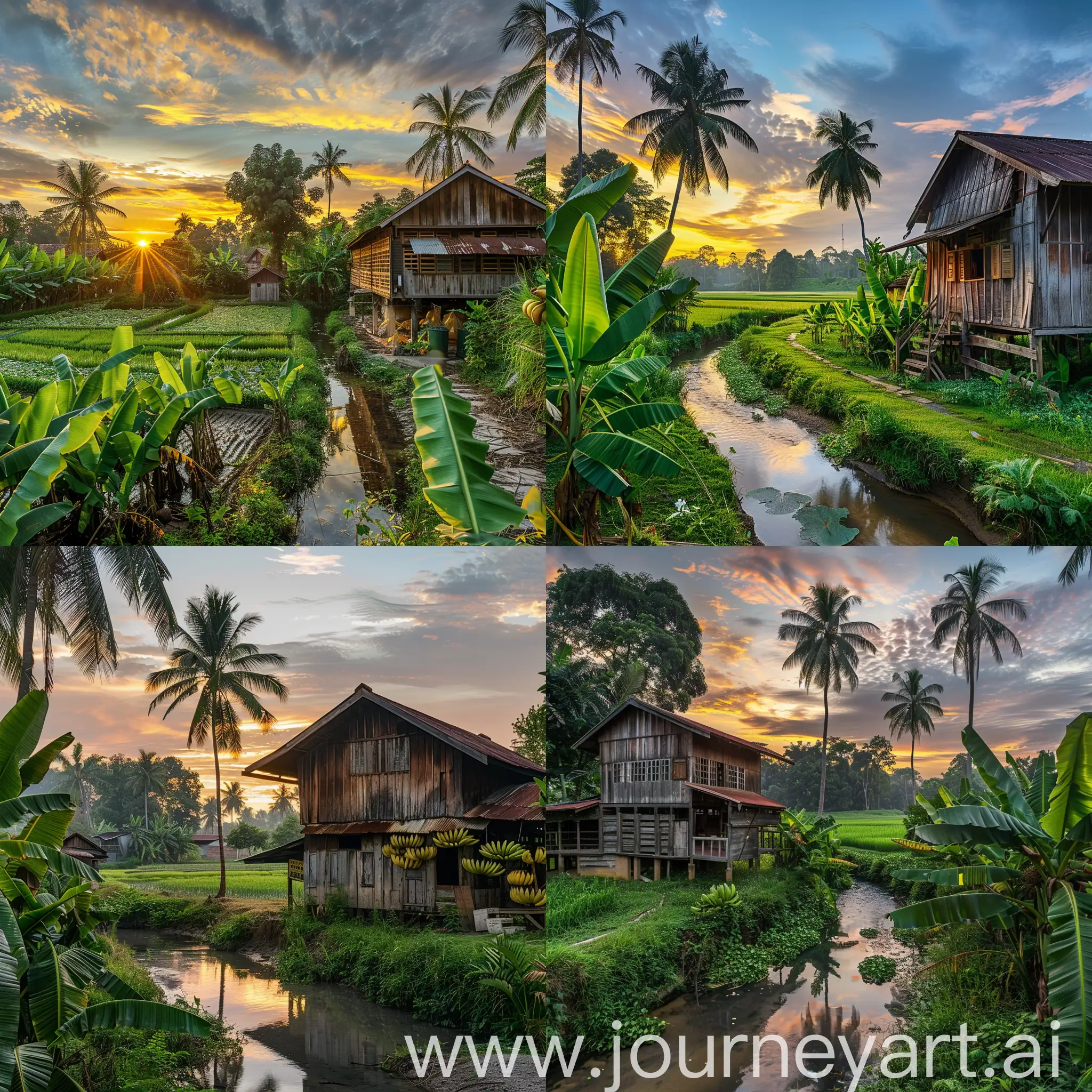 Tropical malay village in the morning. Malay wooden house, padi field, small river, banana trees, coconut trees, sunrise