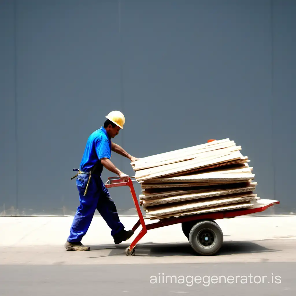 The worker is dragging building materials in a cart