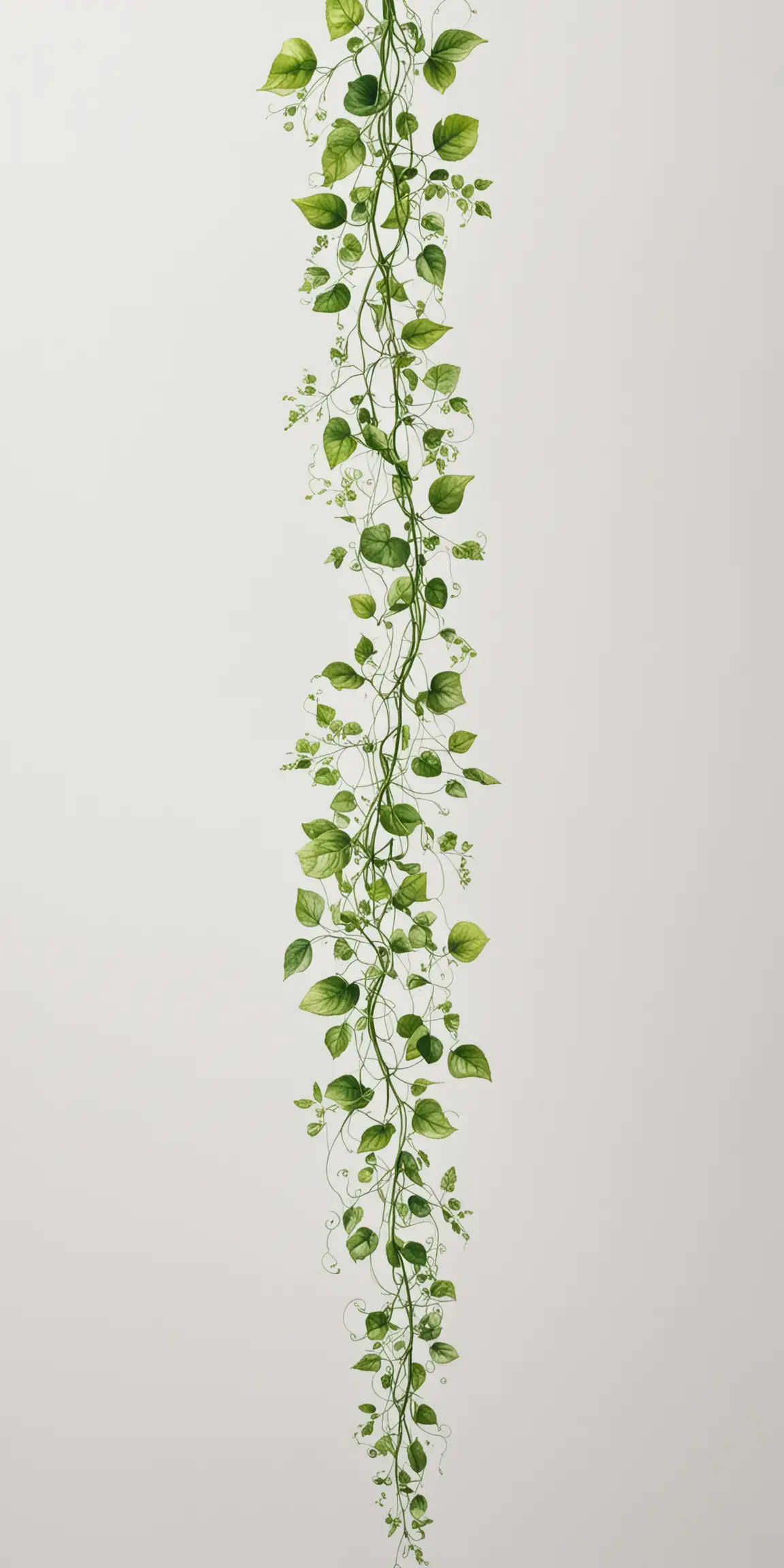 Draw a realistic green vine trailing down the Centre of the image, no frame. Leave a wide blank margin all around, white background