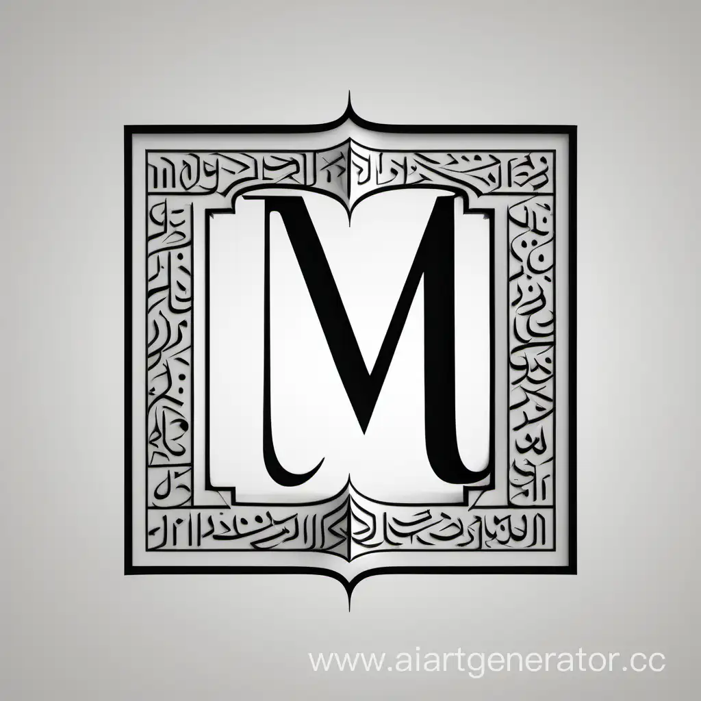 Буква "М" в очертаниях Корана, черно-белая, в стиле минимализм