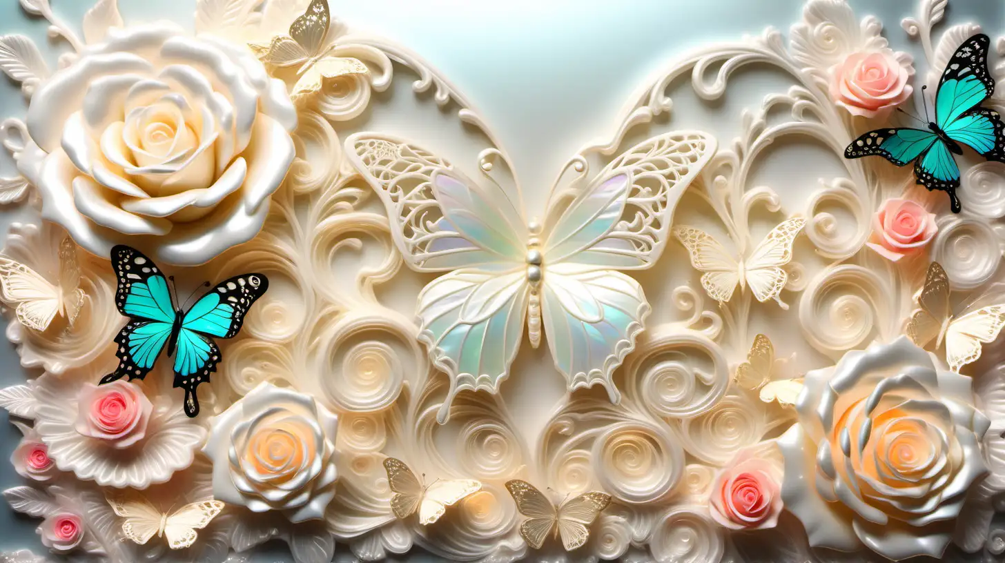 Elegant Neon Mother of Pearl Colorsplash with Ivory Roses and 3D Butterflies
