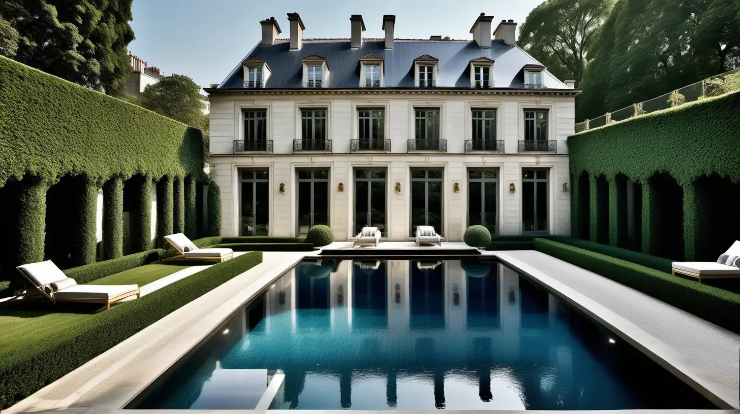parisian Pool with adjoined spa; limestone, beige, black and brass colour palette; sparkling blue water;  lush classical garden; sprawling lawns


