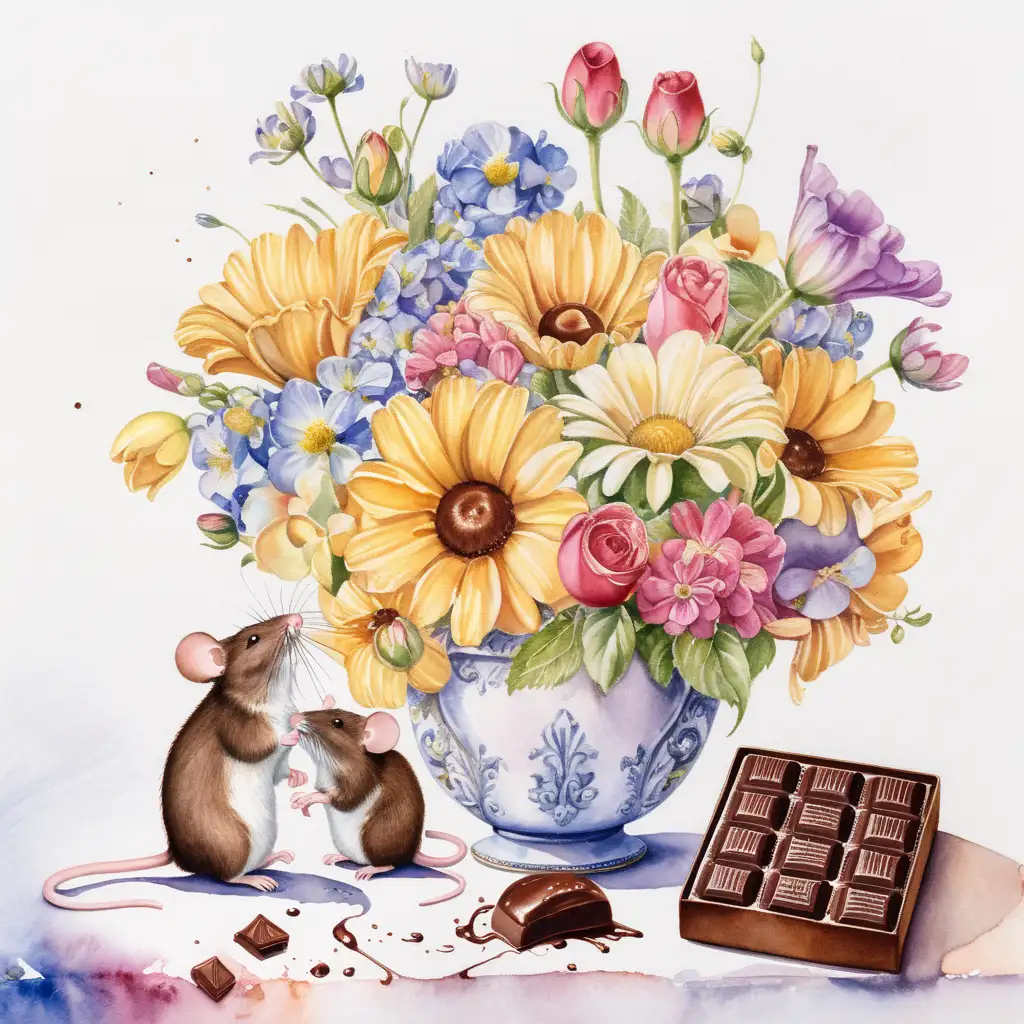en vas med blommor, en chokladask som är öppen med 2 möss som äter choklad i vattenfärg
