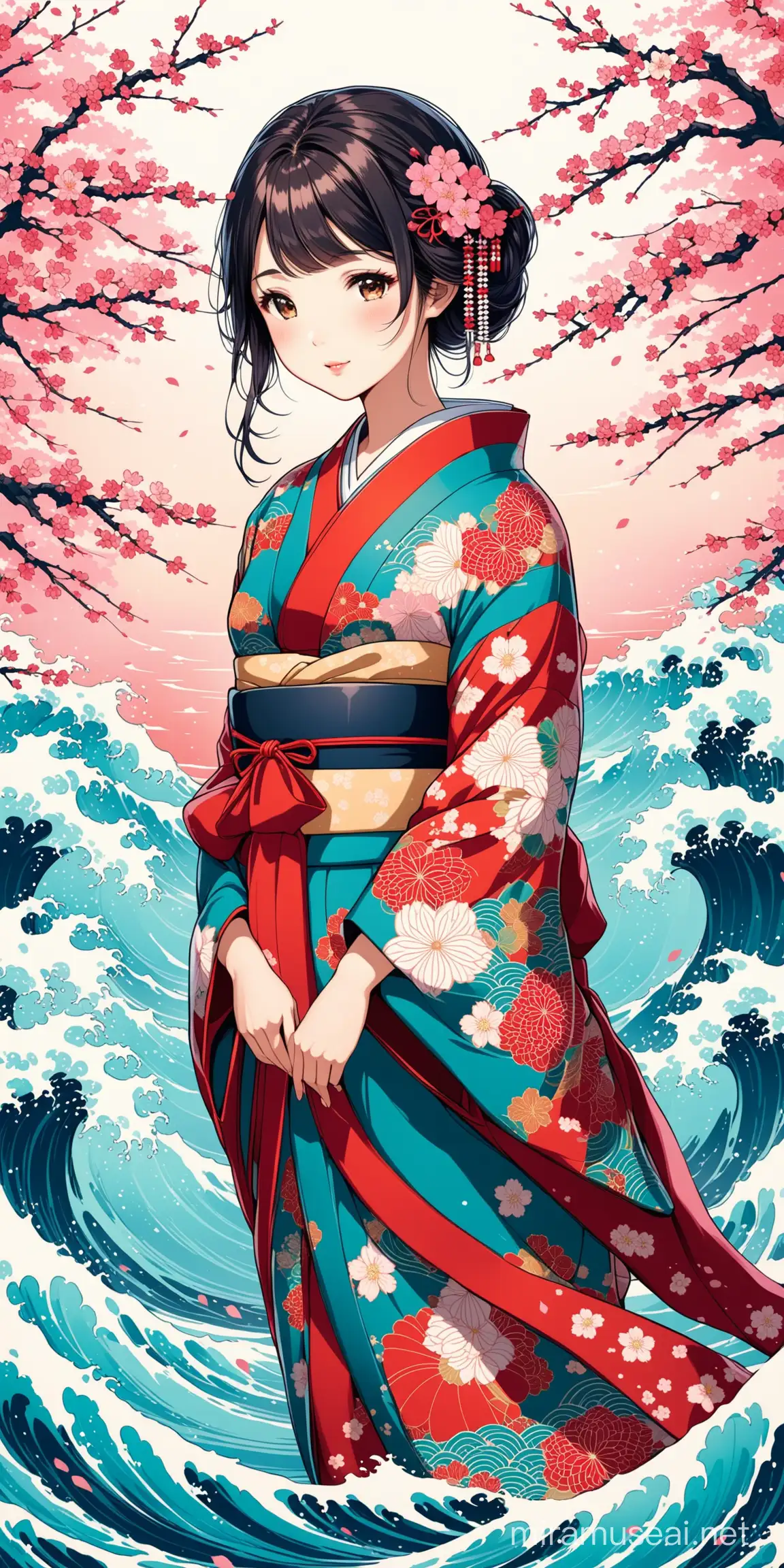 The image depicts an Asian girl wearing a traditional kimono, adorned with classic Japanese patterns such as cherry blossoms or waves. The kimono should have vibrant colors and intricate designs reminiscent of Japanese art.