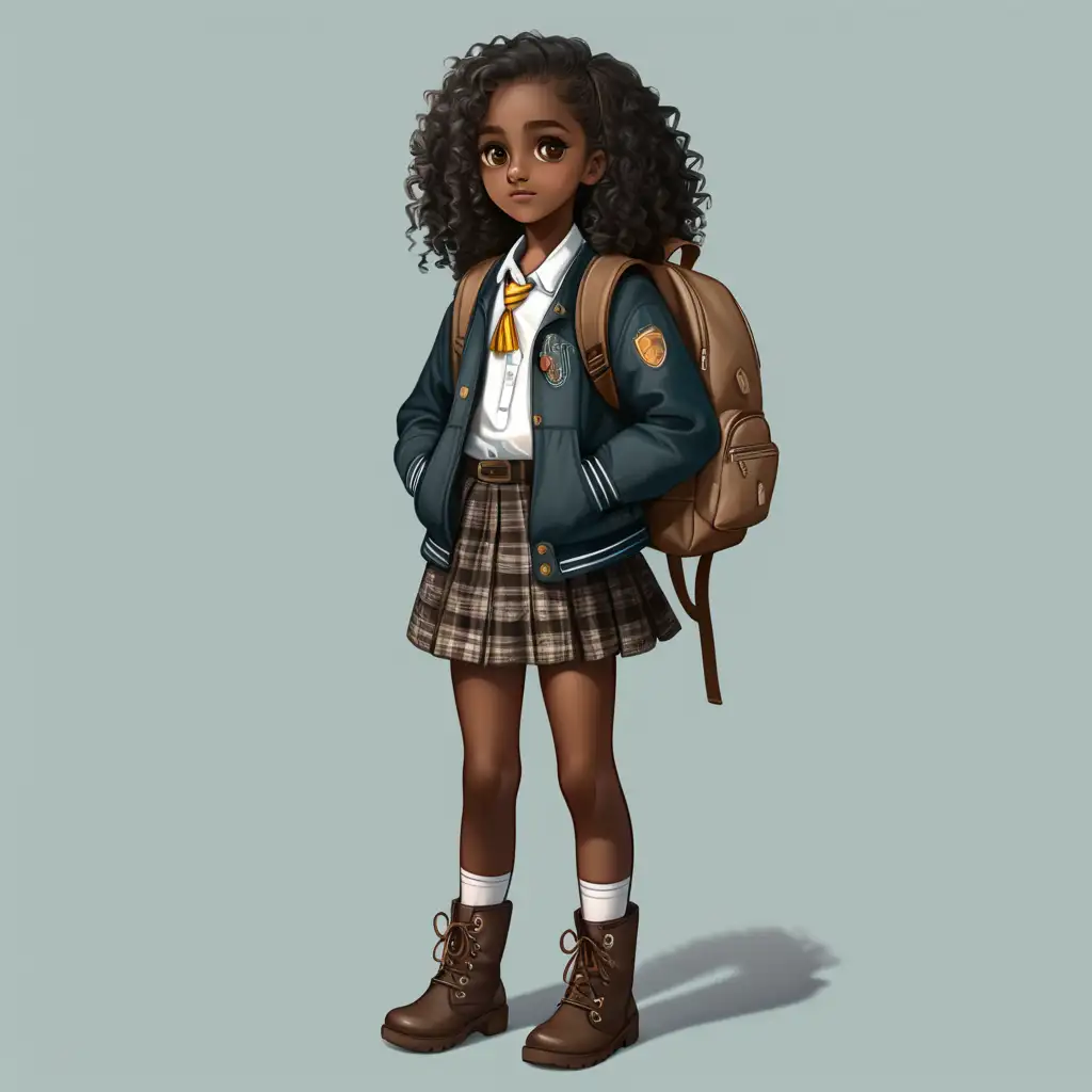 Dark skin black school aged girl with big brown eyes long curly hair wearing skirt shirt and jacket with boots and backpack show length of full body