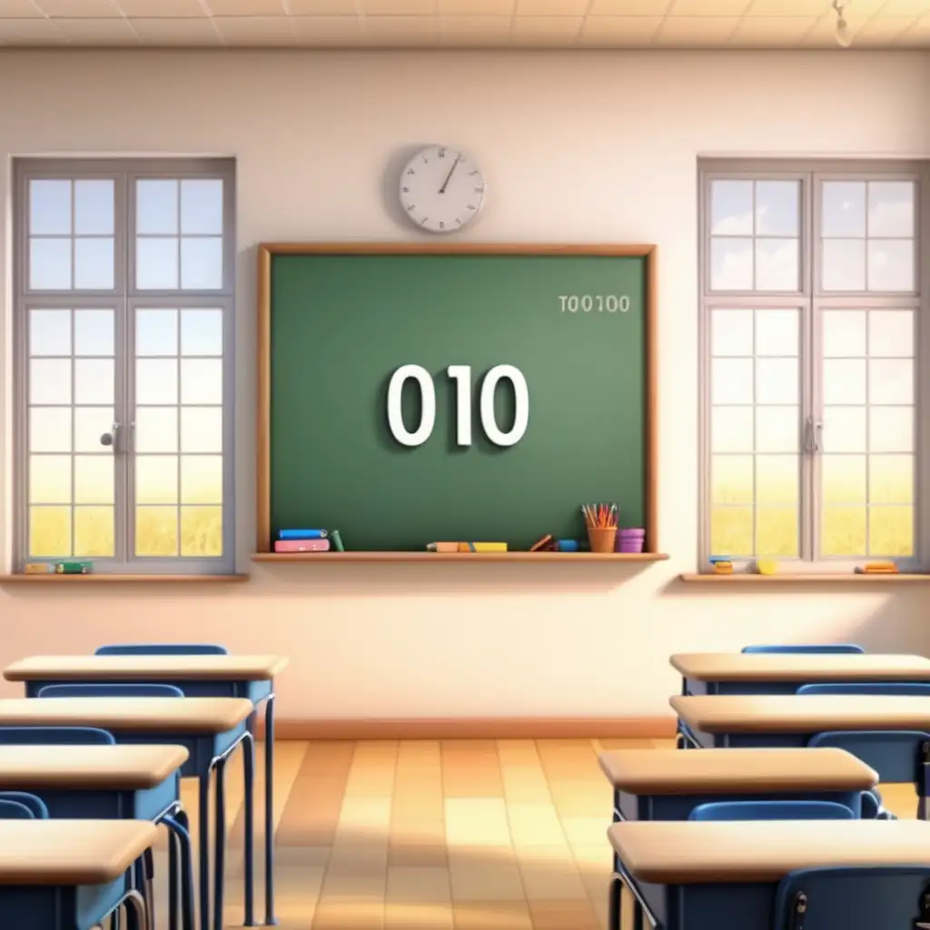 Create a 3D illustrator of an animated image of the number of 010000 on a classroom board.beautiful background illustrations.