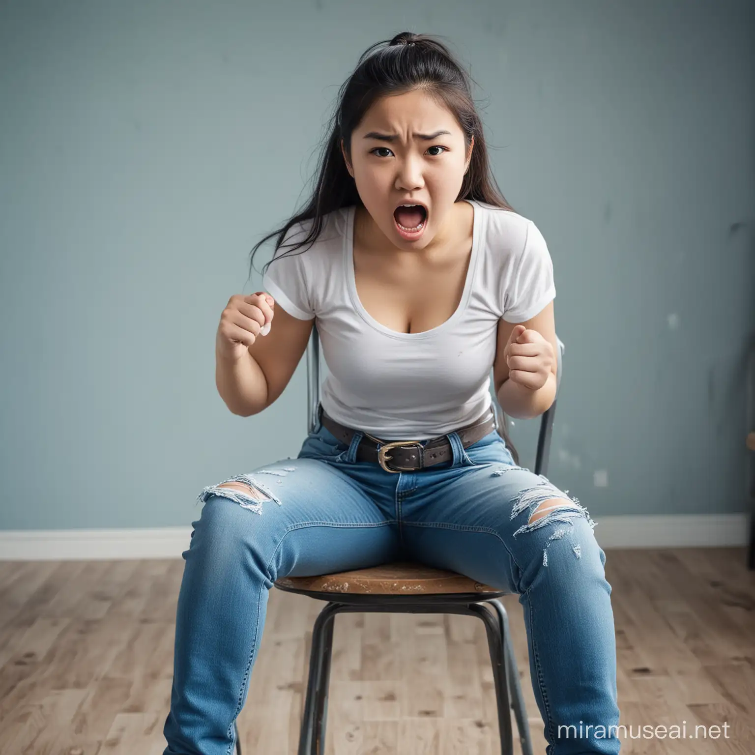 real photo of a curvy young asian girl in rage,14 years,sitting on a chair,angry face,ripped blue faded tight jeans with belt,messy children's room,extremely realistic,skin features,scolding severely the viewer