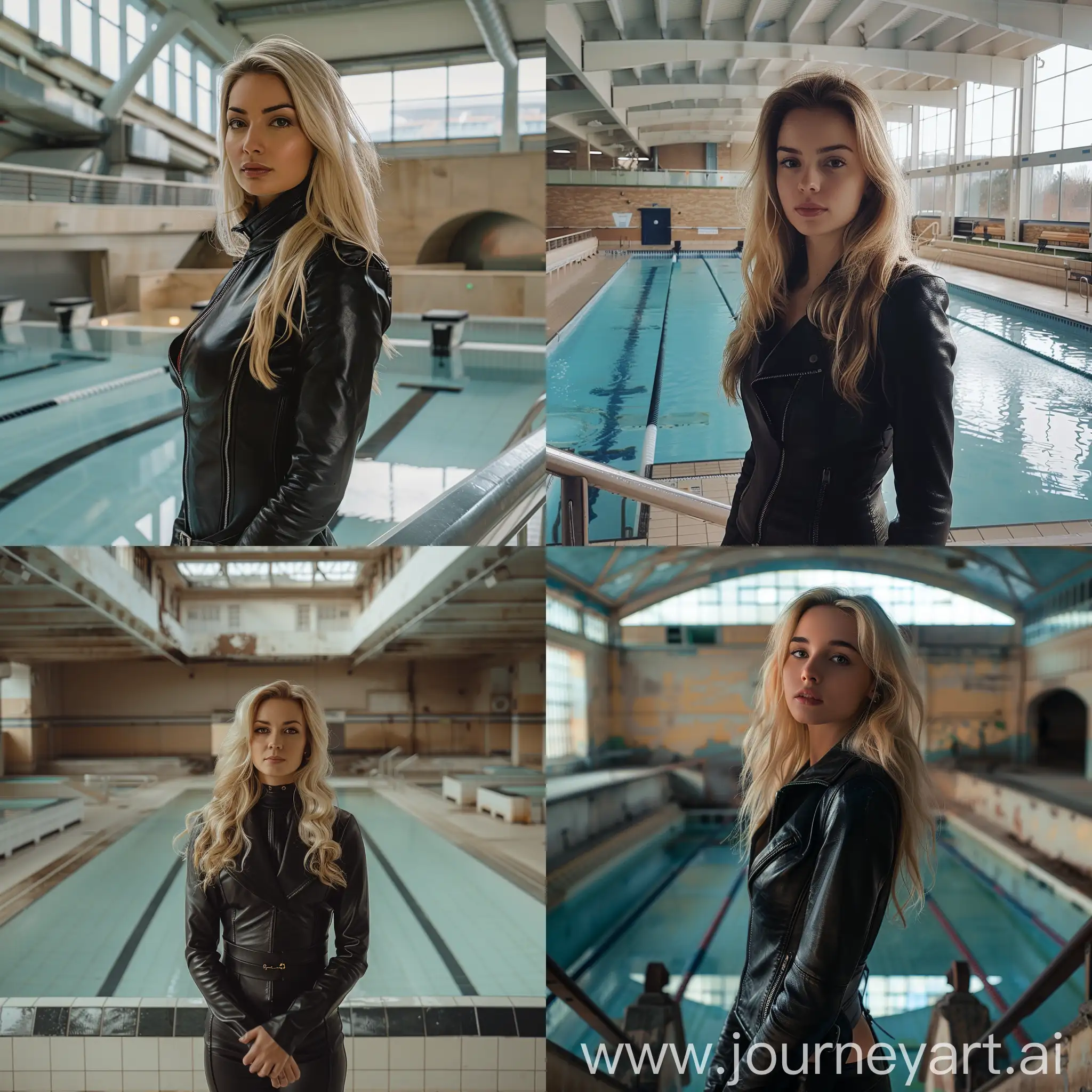 beatiful blond woman standing on the front of indoor public swimming pool. She is dressed black Leather.