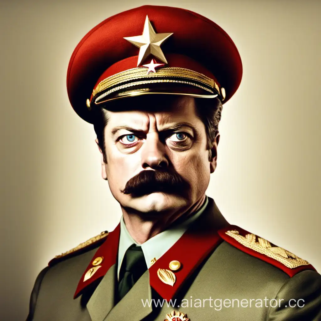 Ron Swanson in Joseph Stalin's uniform with Stalin's cap
