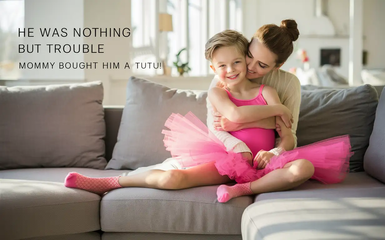 (((Gender role-reversal))), Photograph of a mother and her thin young son, a cute small boy age 7 with little legs, they are sitting together on a large sofa in a bright living room, the mother is giving her boy a hug, she has turned him from an aggressive boy to a sweet little boy by putting him in a bright pink ballerina leotard and tutu dress and frilly pink ankle socks, the sweet boy is smiling calmly with dimples, adorable, perfect children faces, perfect faces, clear faces, perfect eyes, perfect noses, smooth skin, photograph style, photograph captions: “he was nothing but trouble until mommy bought him a tutu!”, clear captions, accurate captions, clear letters