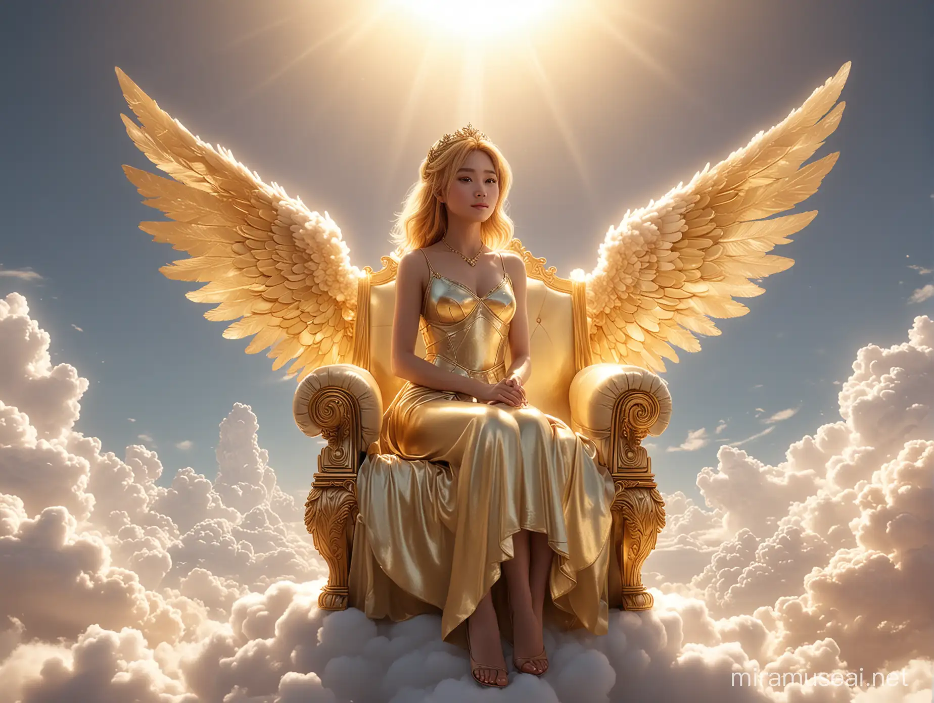 An open space with highly reflective surface, a throne made of clouds, a girl sitting, 22 years old, golden bob hairstyle, asian features, halo, angelic wings, golden gradient dress, innocent expression, Pixar, Disney, concept art, 3d digital art, Maya 3D, ZBrush Central 3D shading, bright colored background, radial gradient background, cinematic, Reimagined by industrial light and magic, 4k resolution post processing