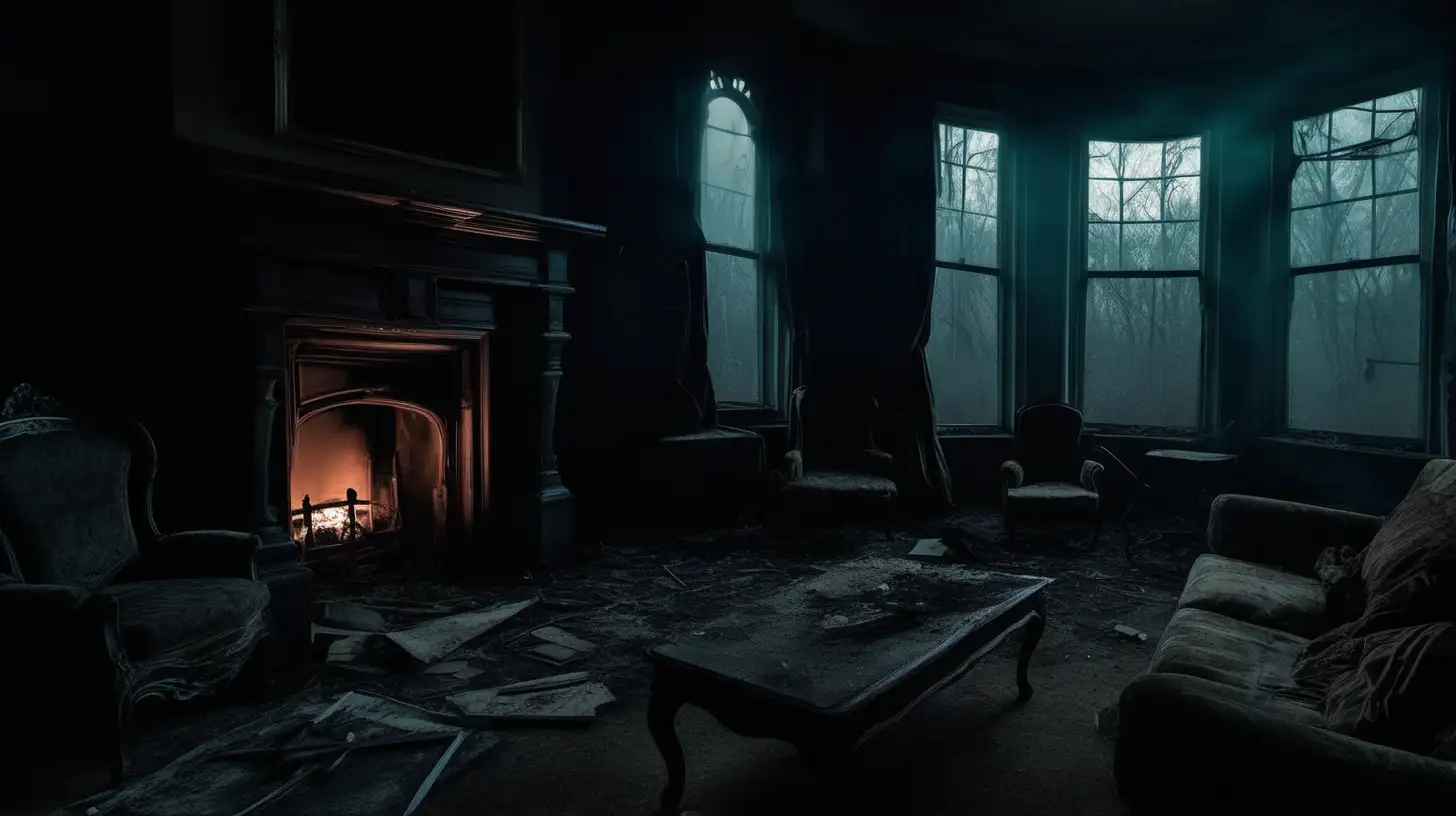 A dusty old Victorian living room in a dilapidated mansion at night, with a fireplace and large window looking out on a dark forest. Cinematic lighting, photographic quality.