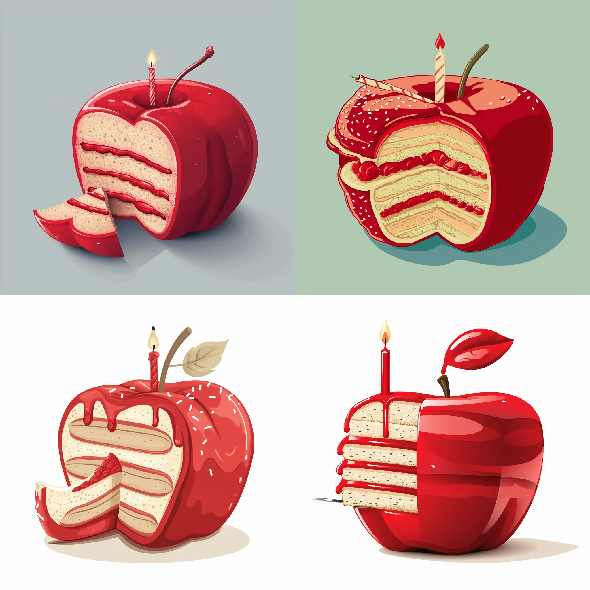 a perfect red apple-shaped cake, with a shape of a bite on left side side where the various layers of the cake appear with a birthday candle on top, in vector style