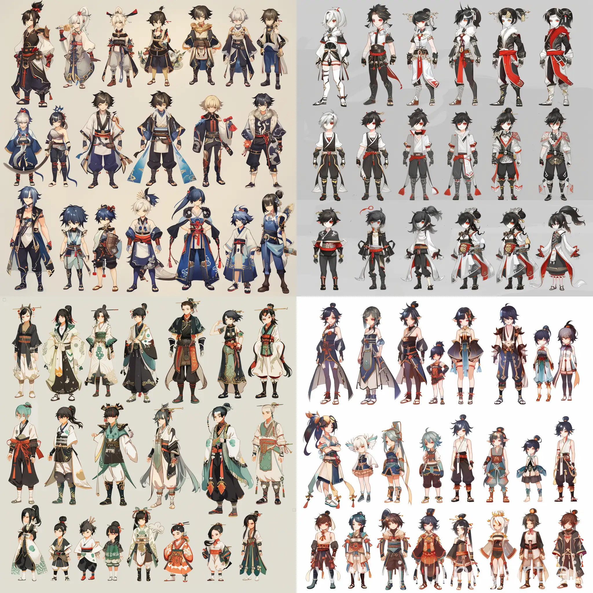 genshin impact original character sheets, multiple, full body. cantonese culture. creative, different from each other. male and female characters, children and teens and adults. 