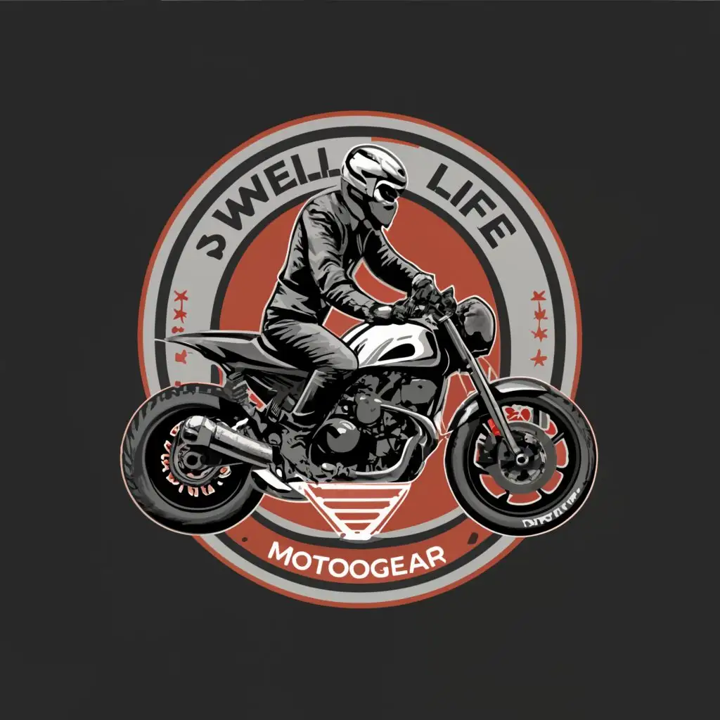 a logo design,with the text "2 Wheels Life 
 Motogear
 EST 2020", main symbol:Heavy bike rider,complex,clear background
