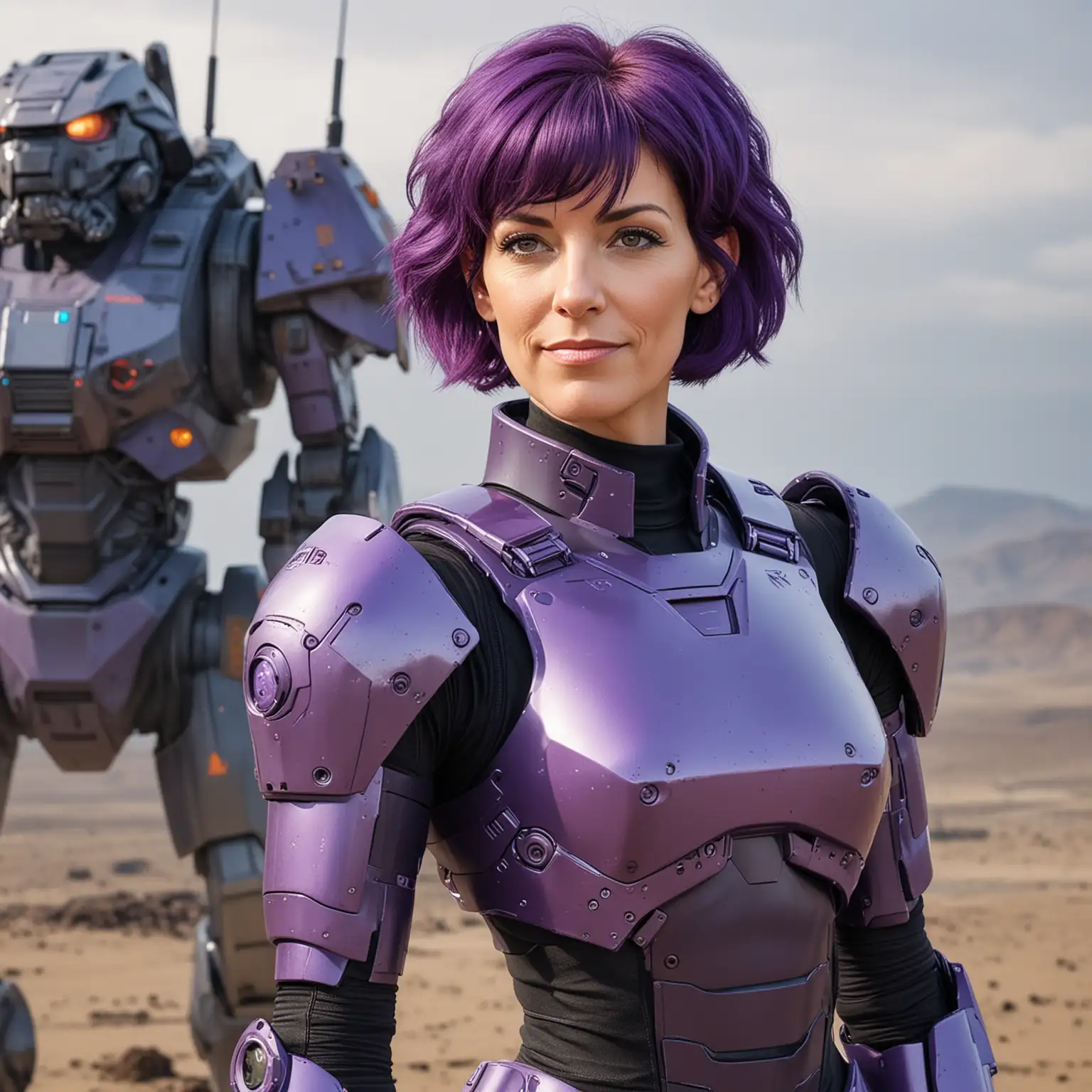 pretty,karen oberst facebook, short purple hair, 49 years old, 166 pounds, five foot one inch tall, wearing  power armour a 90's cartoon character ,full body image battletech inspired, fighting giant space crabs

