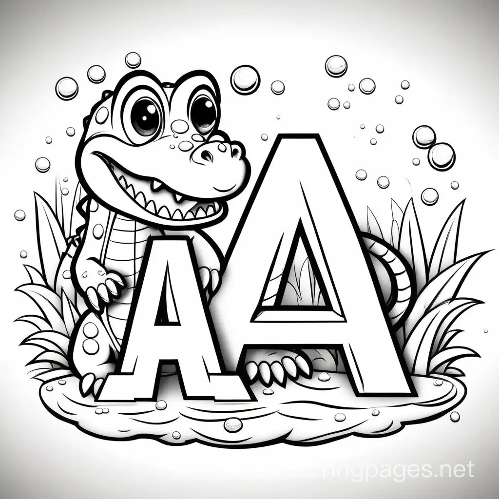simple line drawing childrens coloring page of the capitalized letter A and the uncapitalized letter a. Put Aa beside each other and to the right of Aa put a very cute big eyes alligator cartoon style. make the letters Aa bubble letters. no color. white ample spaces for easy coloring for children. , Coloring Page, black and white, line art, white background, Simplicity, Ample White Space. The background of the coloring page is plain white to make it easy for young children to color within the lines. The outlines of all the subjects are easy to distinguish, making it simple for kids to color without too much difficulty