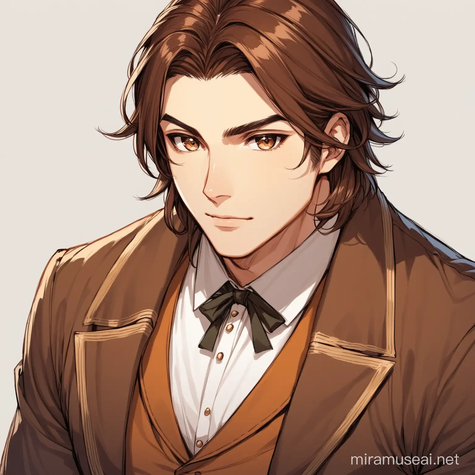 draw masculine man in costume with brown hair and brown eyes 