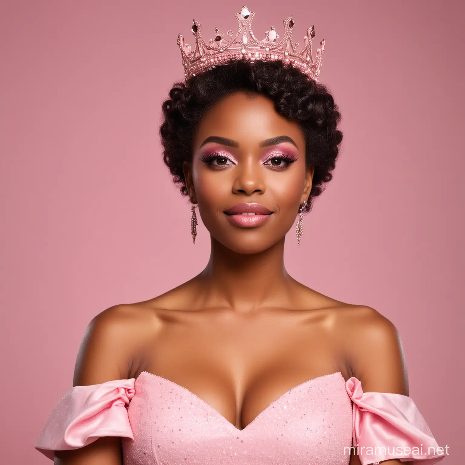 Glamorous African American Woman Celebrating Birthday in Pink Dress with Crown and Glamour Makeup