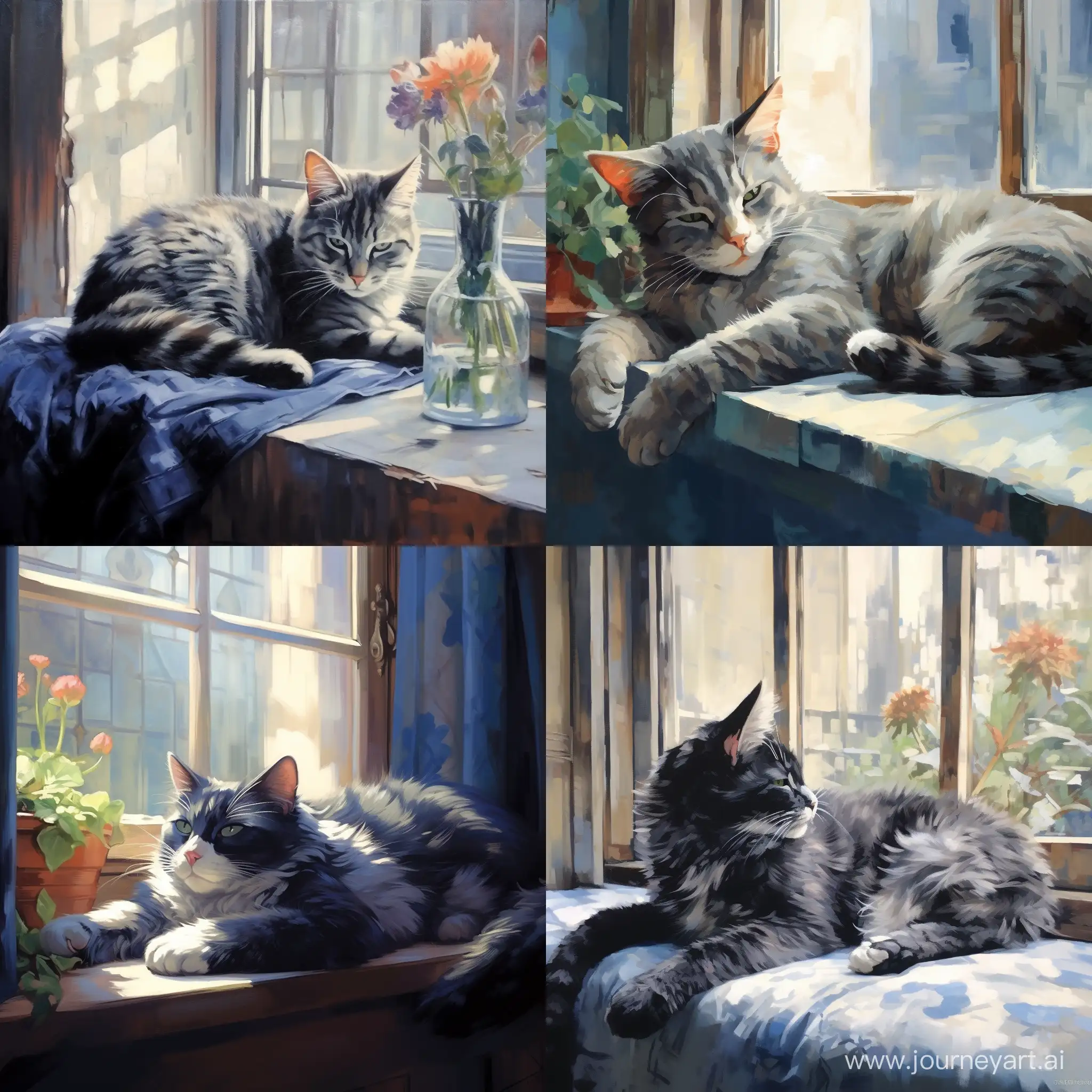 Relaxed-Blue-Cat-with-Black-Patterns-Lounging-on-Windowsill